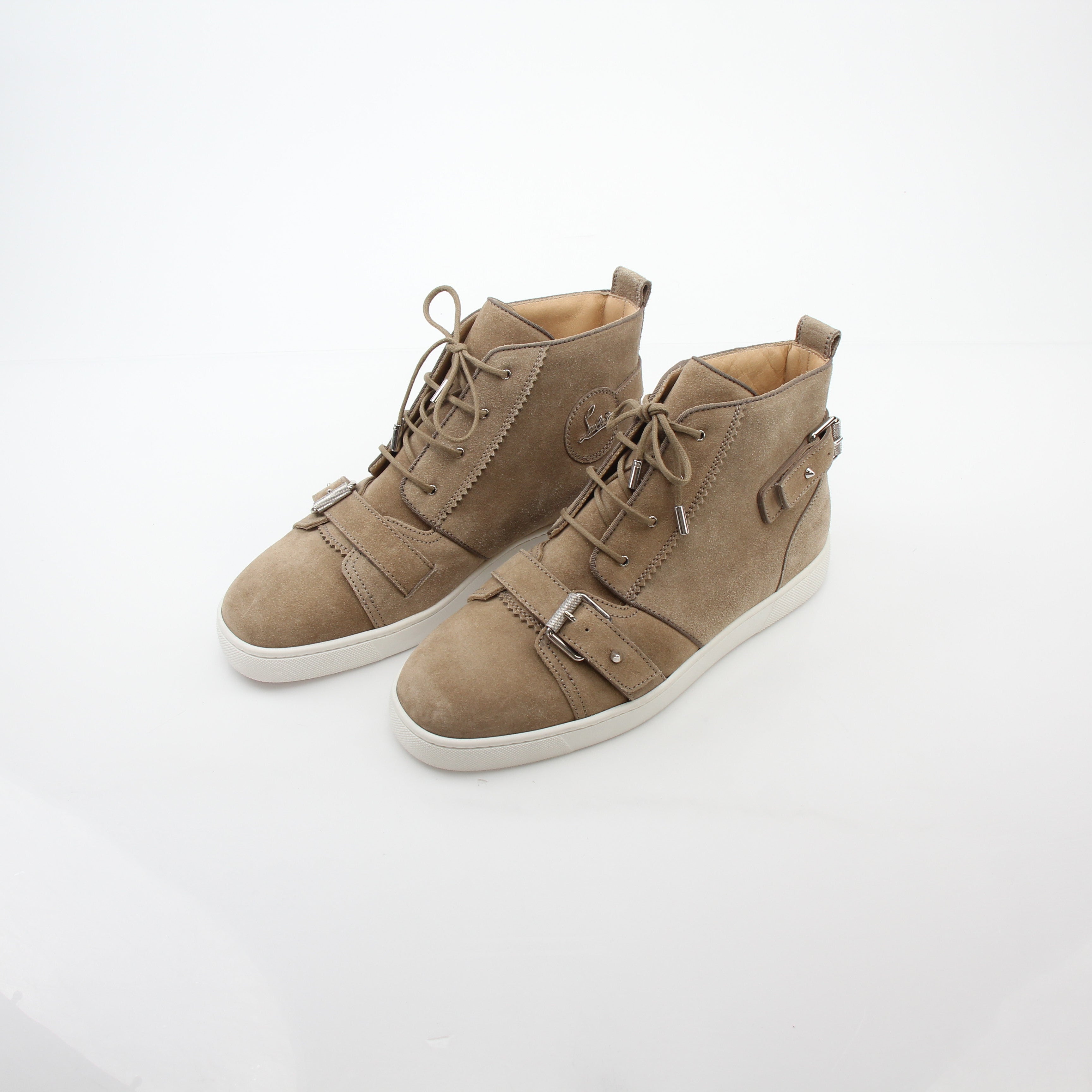 Christian Louboutin Taupe Nono Strap Flat High-Top Sneakers, stylish shoes with strap details and a sleek high-top design.