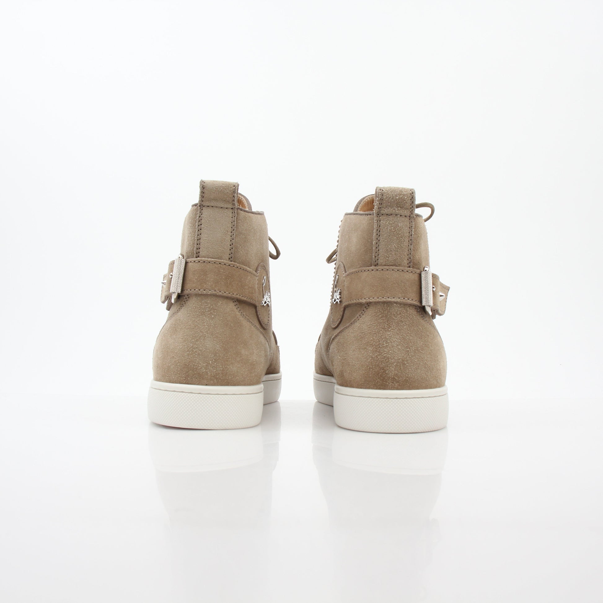 Christian Louboutin Taupe Nono strap flat high-top sneakers with laces and signature red sole, stylish and comfortable shoes.