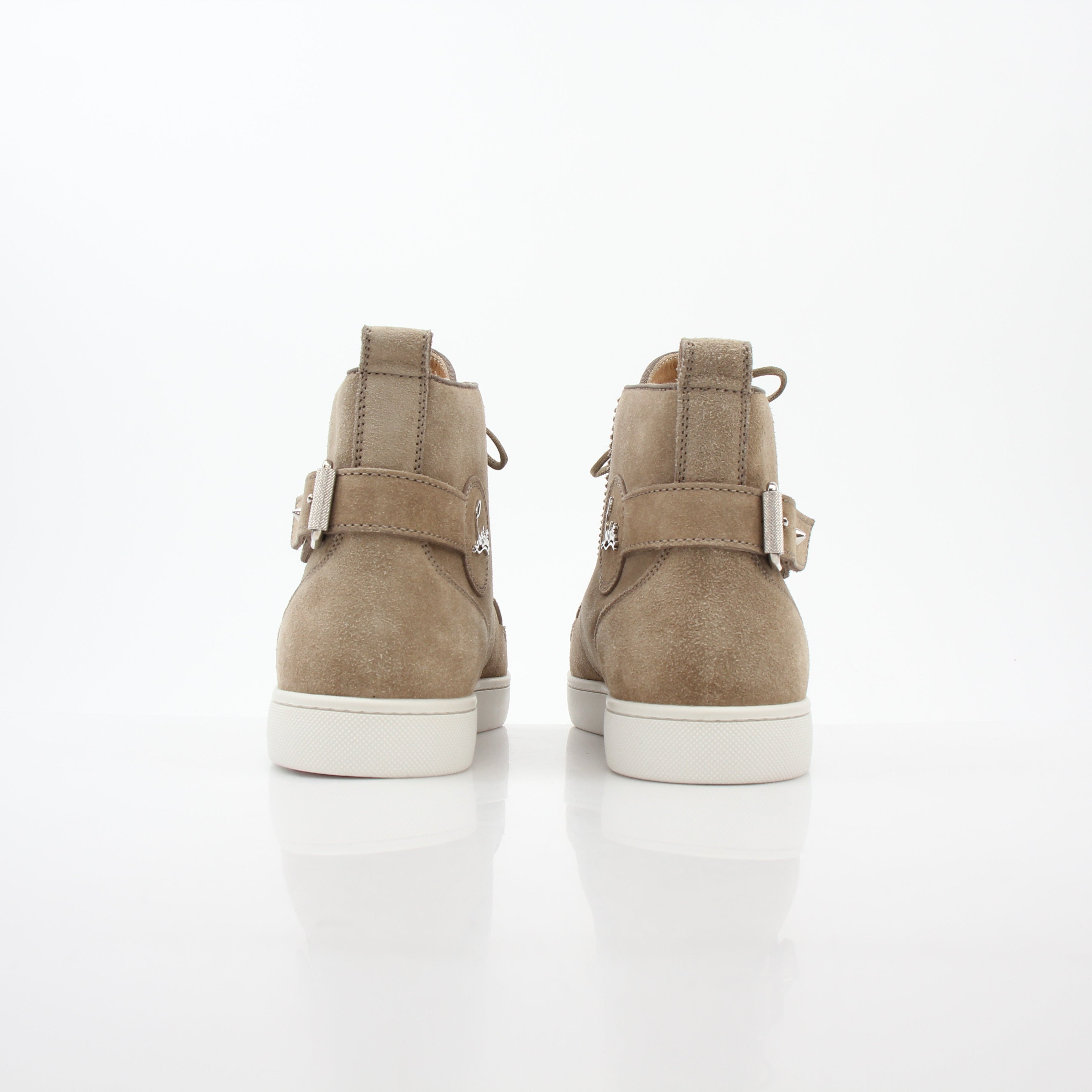 Christian Louboutin Taupe Nono strap flat high-top sneakers with laces and signature red sole, stylish and comfortable shoes.