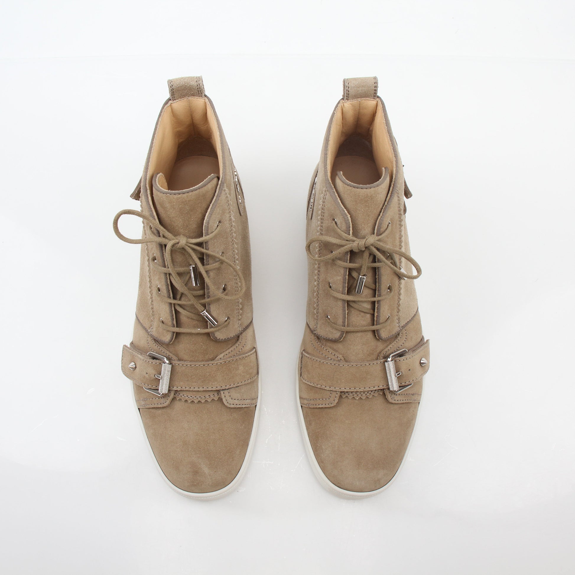 Christian Louboutin taupe Nono strap flat high-top sneakers with laces and signature design, displayed on a white background.