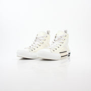 Christian Dior White B23 high-top sneakers with gold accents, stylish shoes featuring a sleek design and trendy logo details.