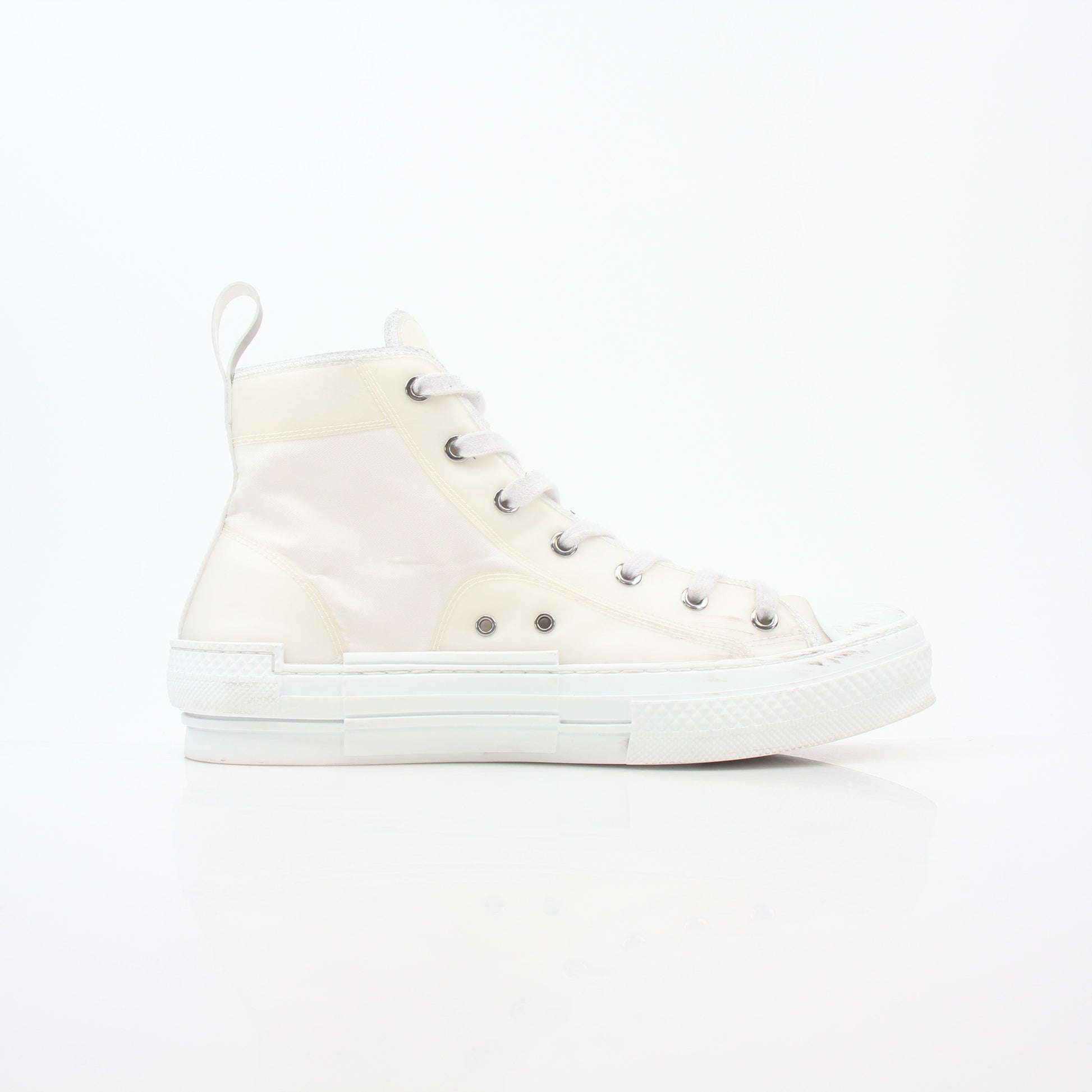 Christian Dior White B23 high-top sneakers for men, featuring Nike-style design with gold accents and a sporty look.
