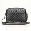 Yves Saint Laurent Lou Matelassé camera bag in black leather with quilted design and gold hardware details.