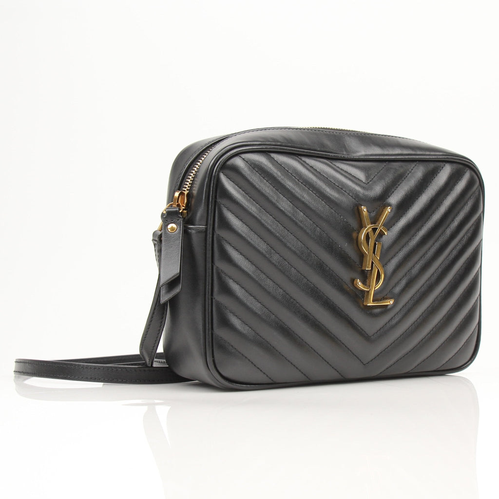 Yves Saint Laurent Lou Matelassé Camera Bag in black leather with quilted design and gold hardware accents.