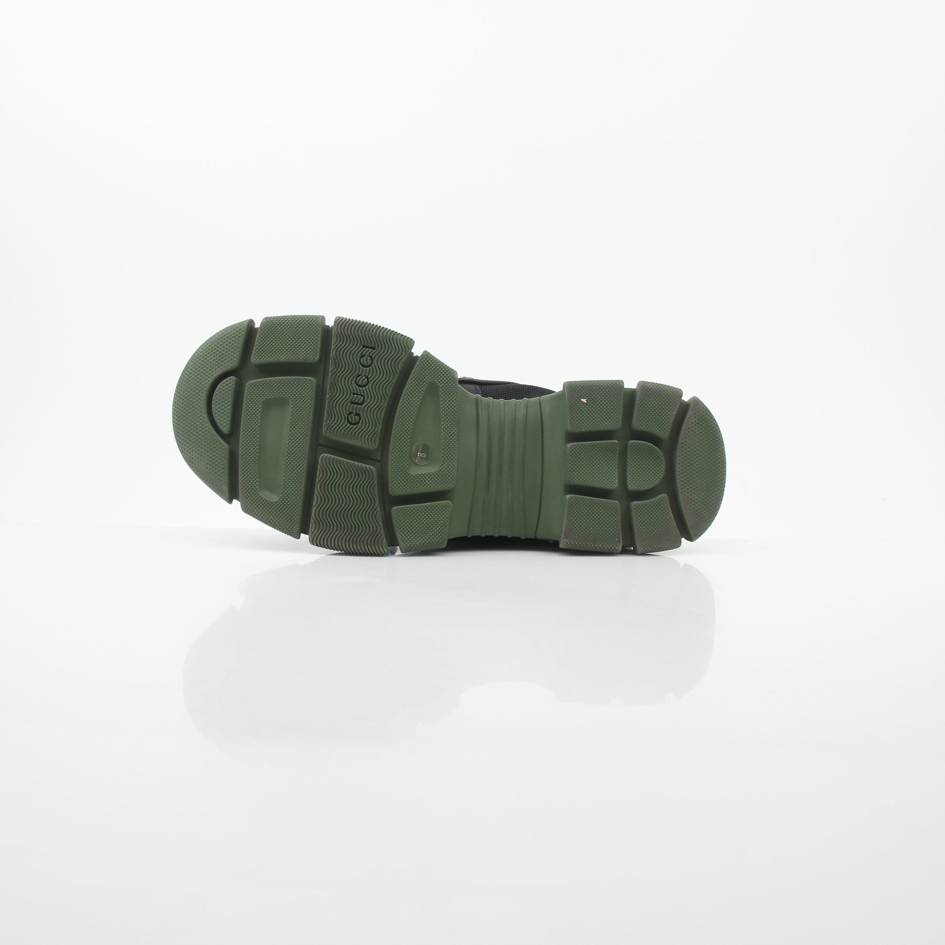 Gucci Green and Black Flashtrek high-top hiking shoes by Gold & Beyond, showing the stylish design and rugged sole detail.