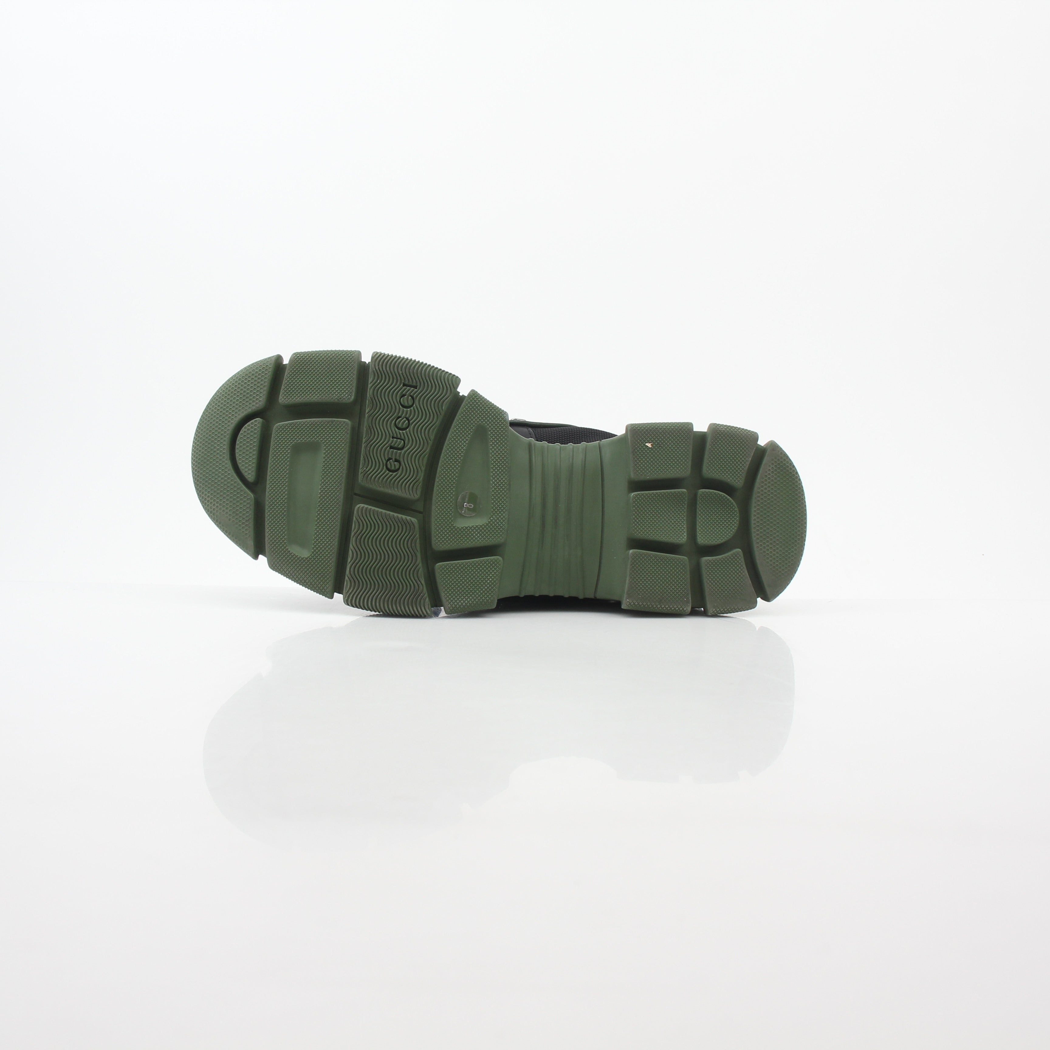 Gucci Green and Black Flashtrek high-top hiking shoes by Gold & Beyond, showing the stylish design and rugged sole detail.