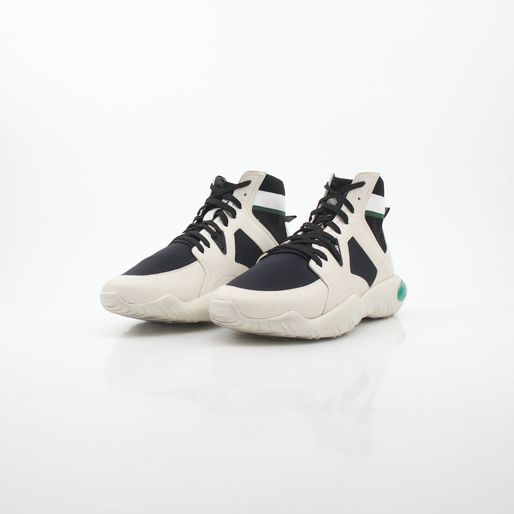 Gold & Beyond Fendi high-top sneakers in white, black, and green with stylish design and logo accents.