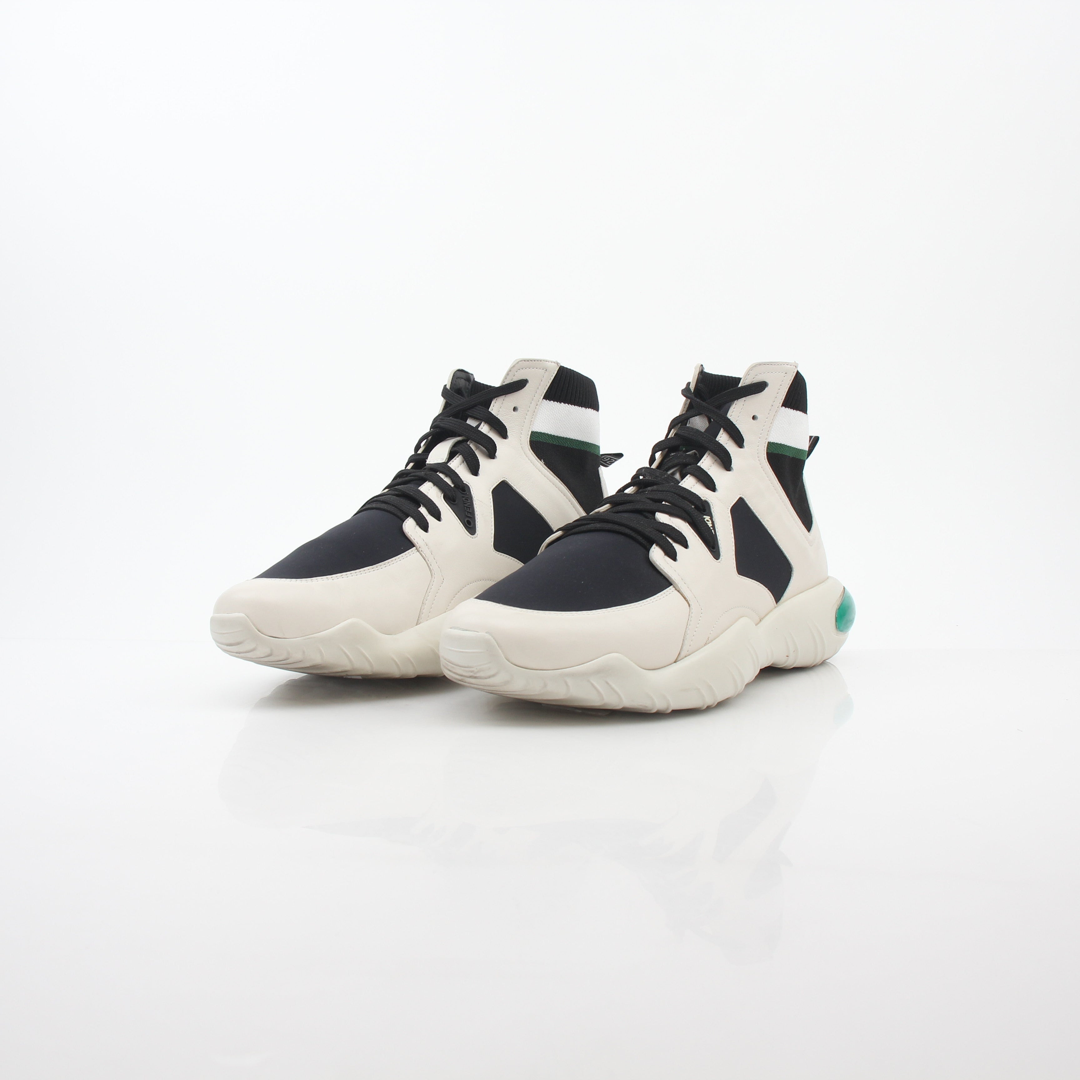 Gold & Beyond Fendi high-top sneakers in white, black, and green with stylish design and logo accents.