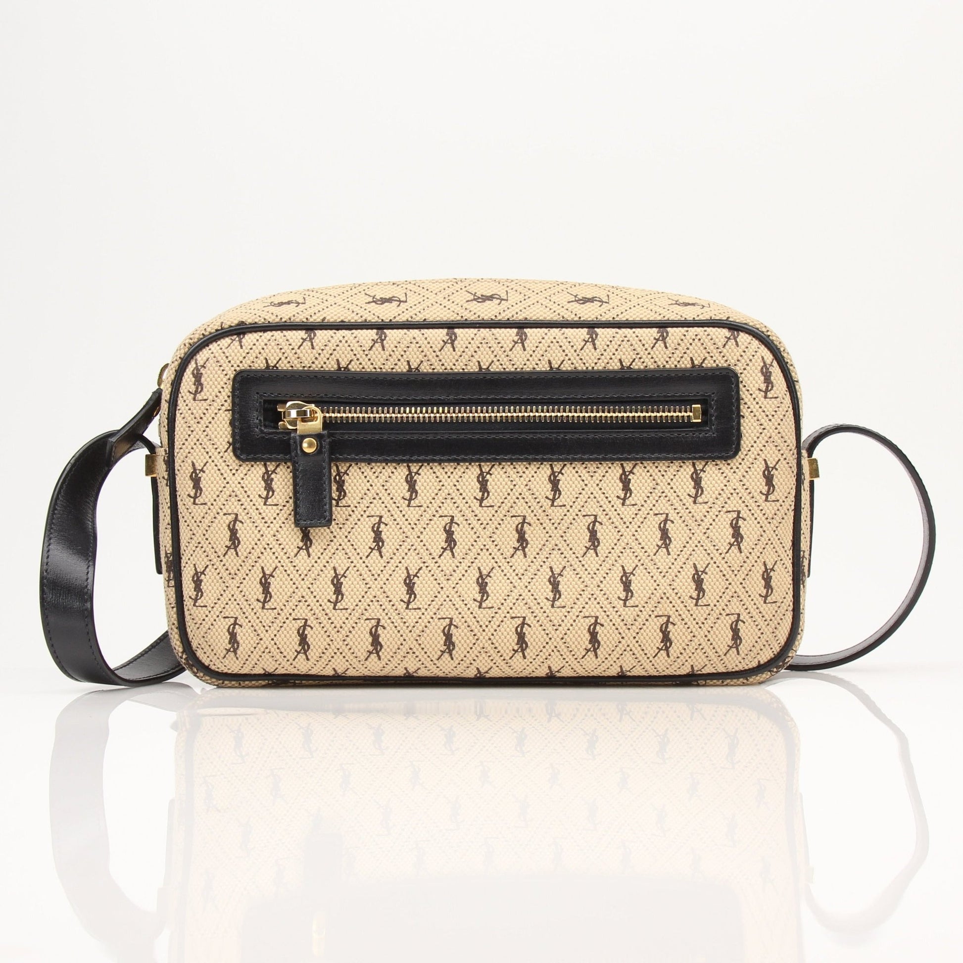 YSL brown monogram camera handbag with gold accents, featuring a compact design and chain strap, stylish and elegant.