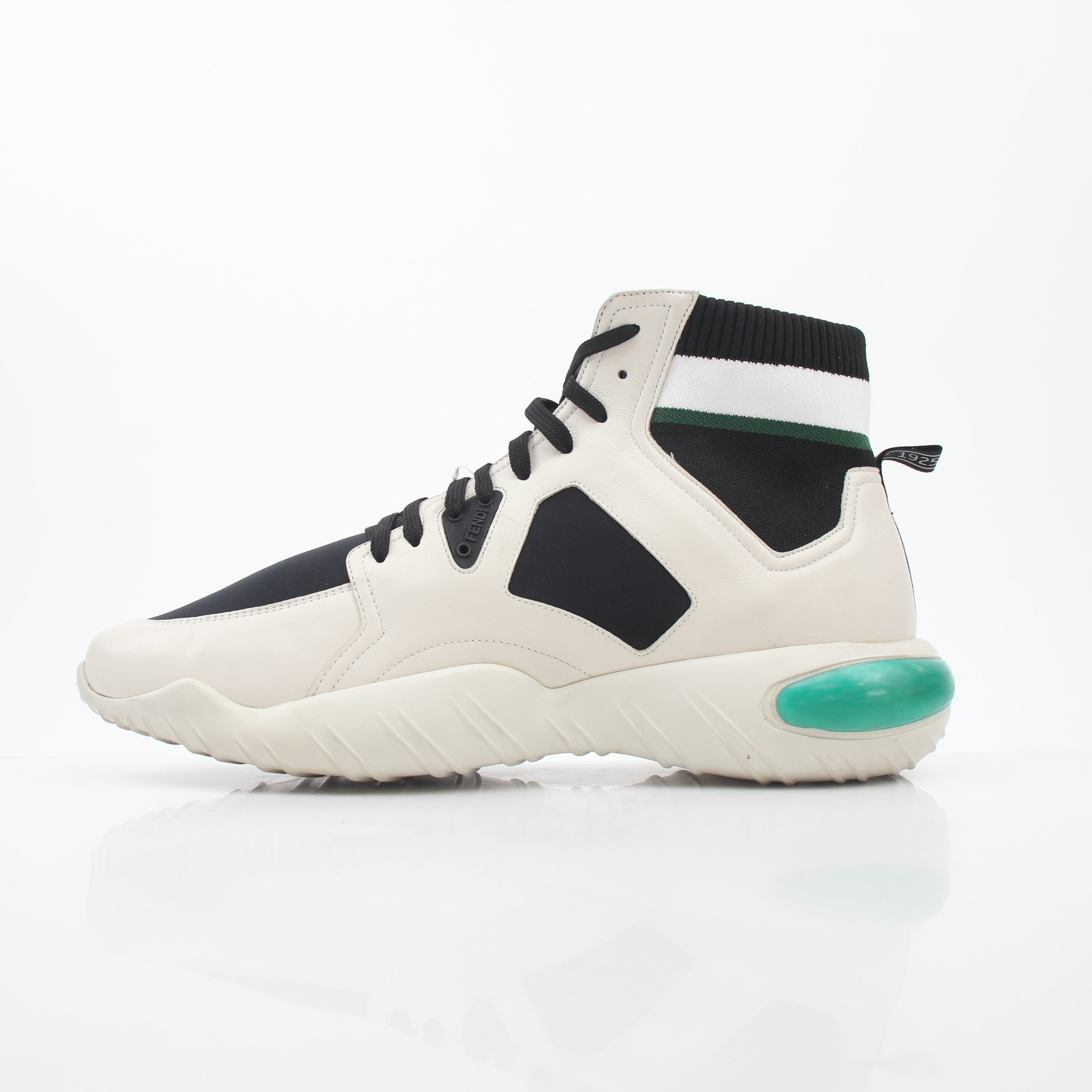 Gold & Beyond Fendi high-top sneakers in white, black, and green with logo details and stylish design.