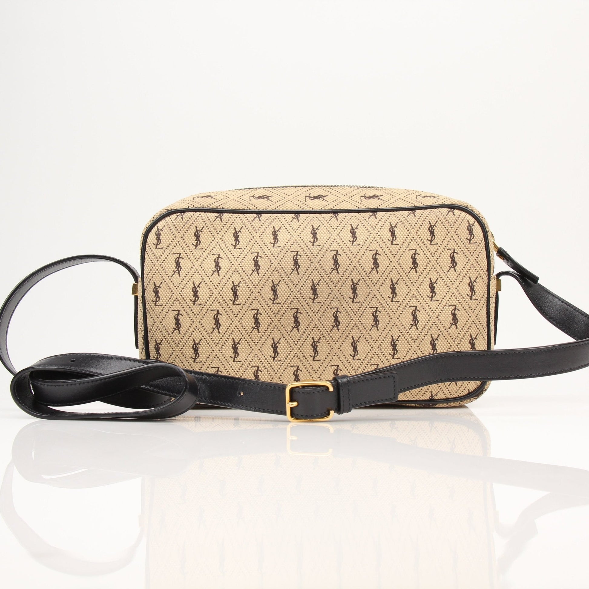 YSL brown monogram camera bag by Gold & Beyond, stylish handbag with signature pattern and leather accents, front view.