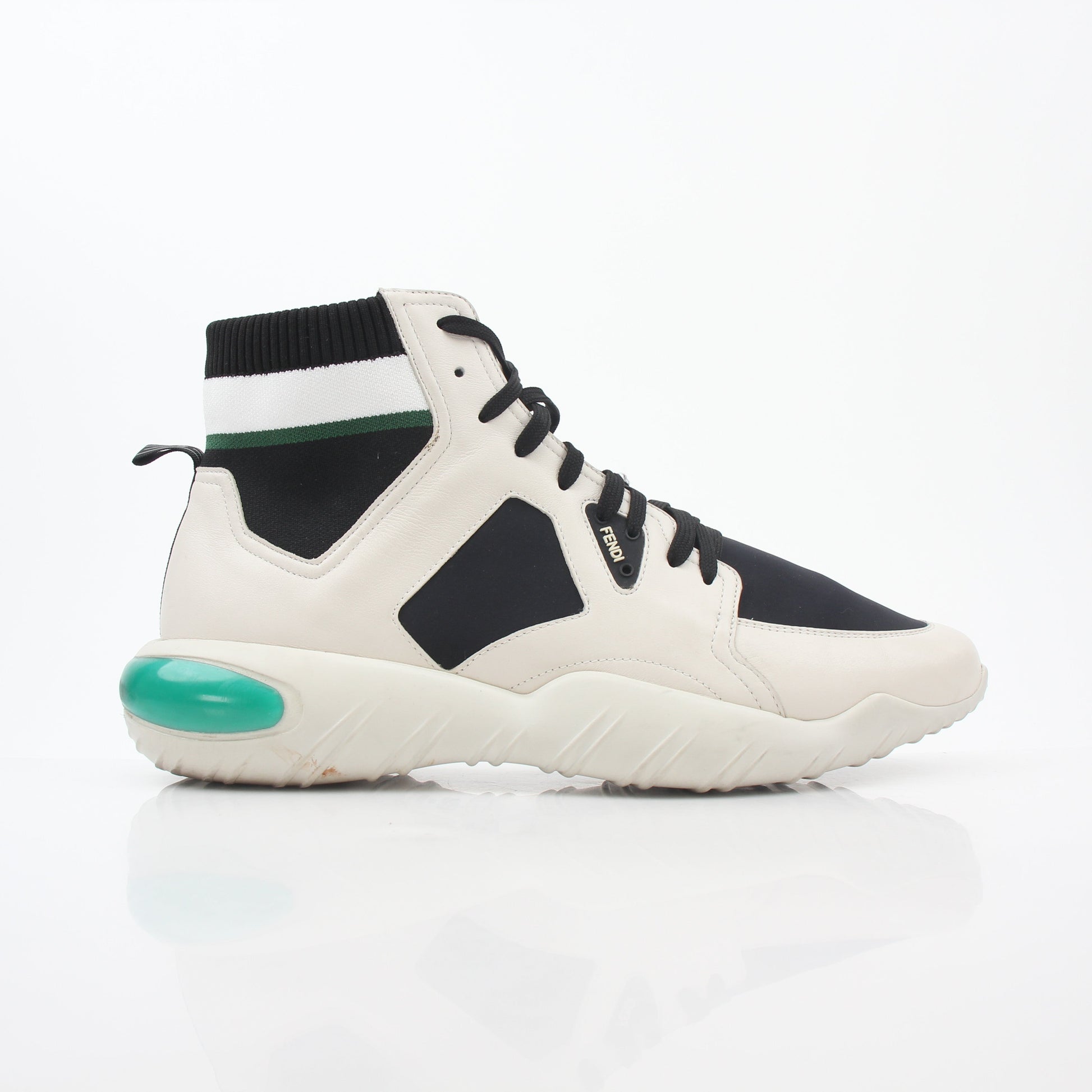 Gold & Beyond Fendi high-top sneakers in white, black, and green with logo details, stylish shoes with a trendy design.