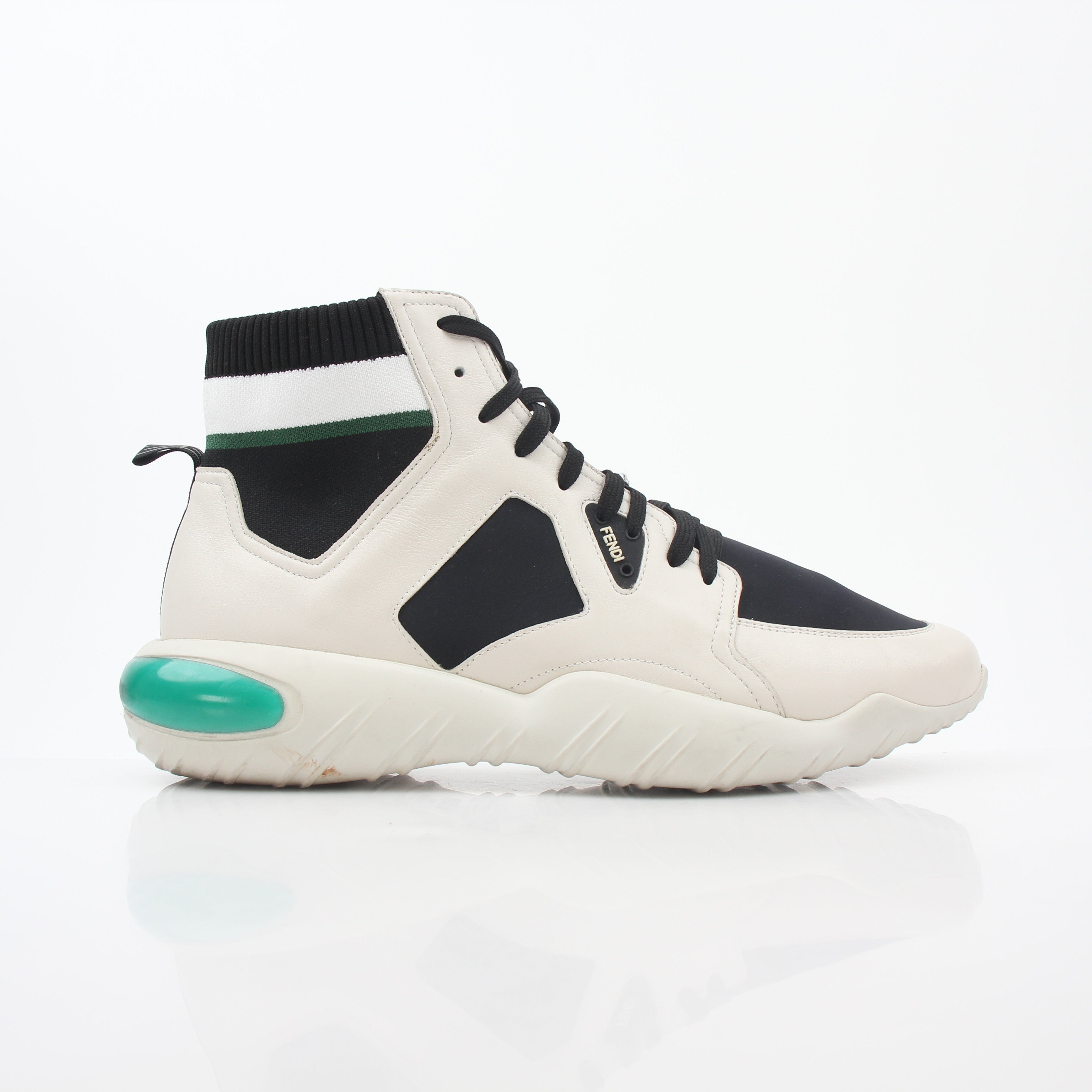 Gold & Beyond Fendi high-top sneakers in white, black, and green with logo details, stylish shoes with a trendy design.