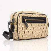 YSL brown monogram camera handbag with gold accents, featuring a compact design and stylish shoulder strap.