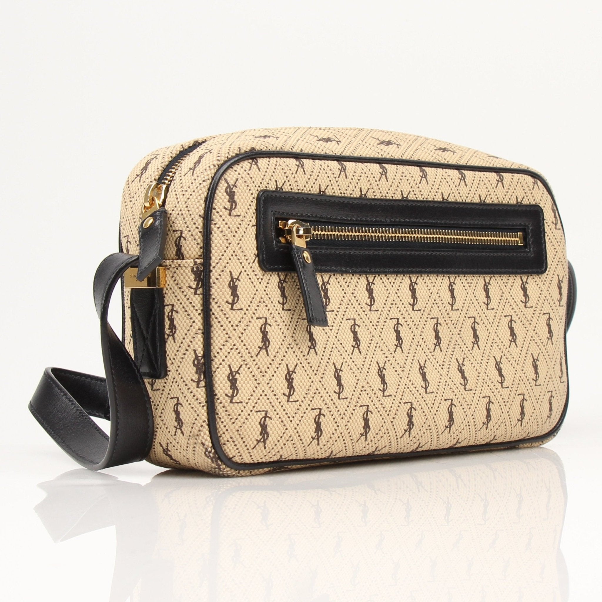 YSL brown monogram camera handbag with gold accents, featuring a compact design and stylish shoulder strap.