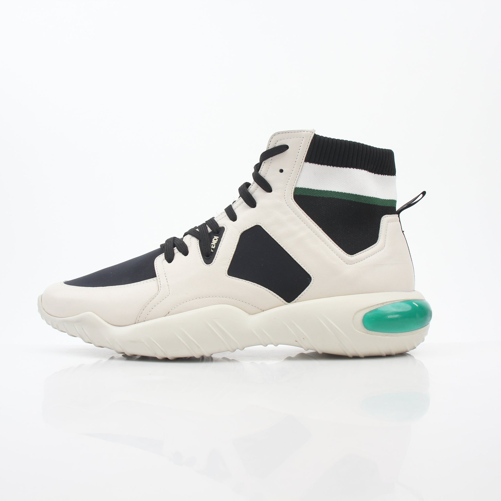 White, black, and green high-top sneakers by Fendi featuring luxury branding and stylish design, displayed on a neutral background.