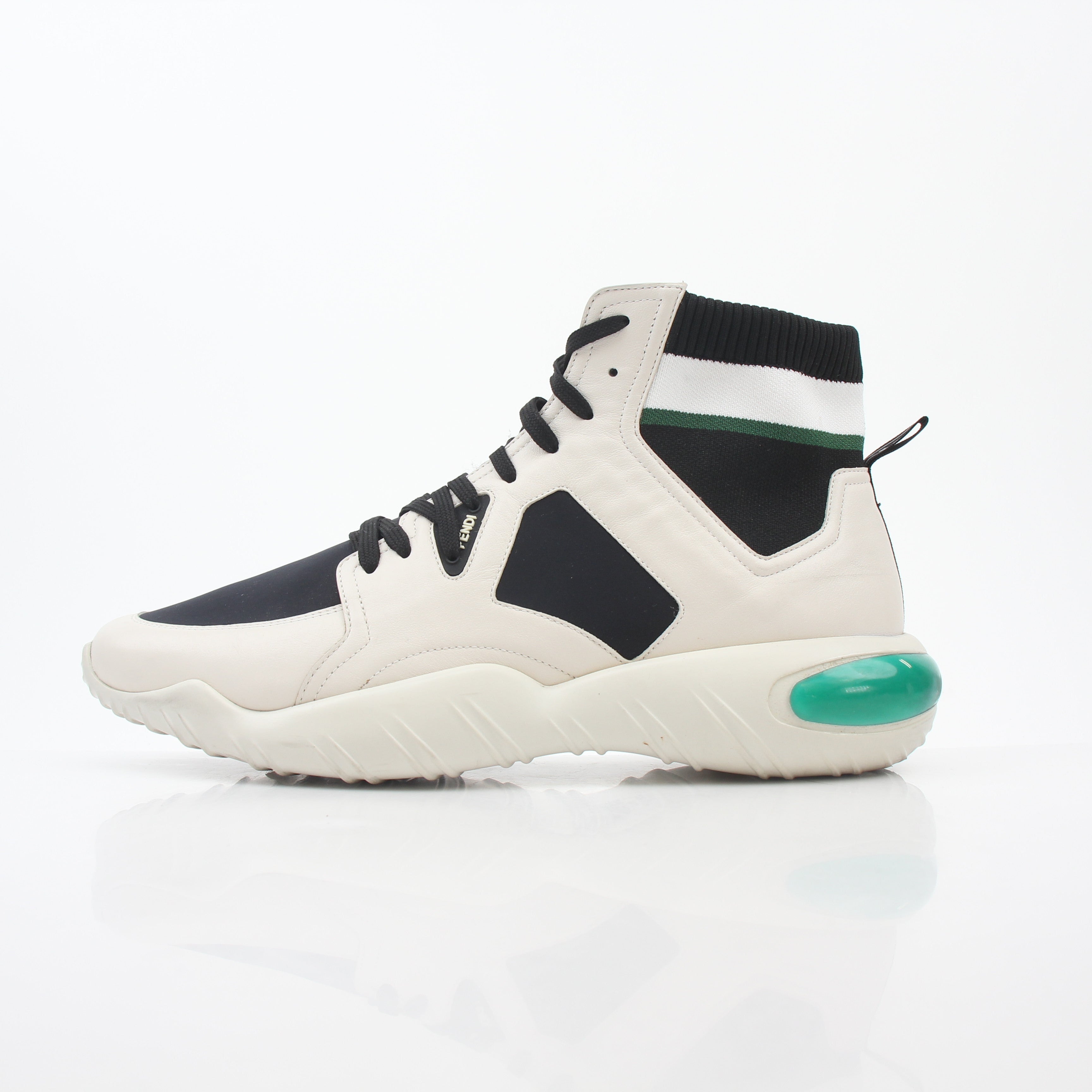 White, black, and green high-top sneakers by Fendi featuring luxury branding and stylish design, displayed on a neutral background.