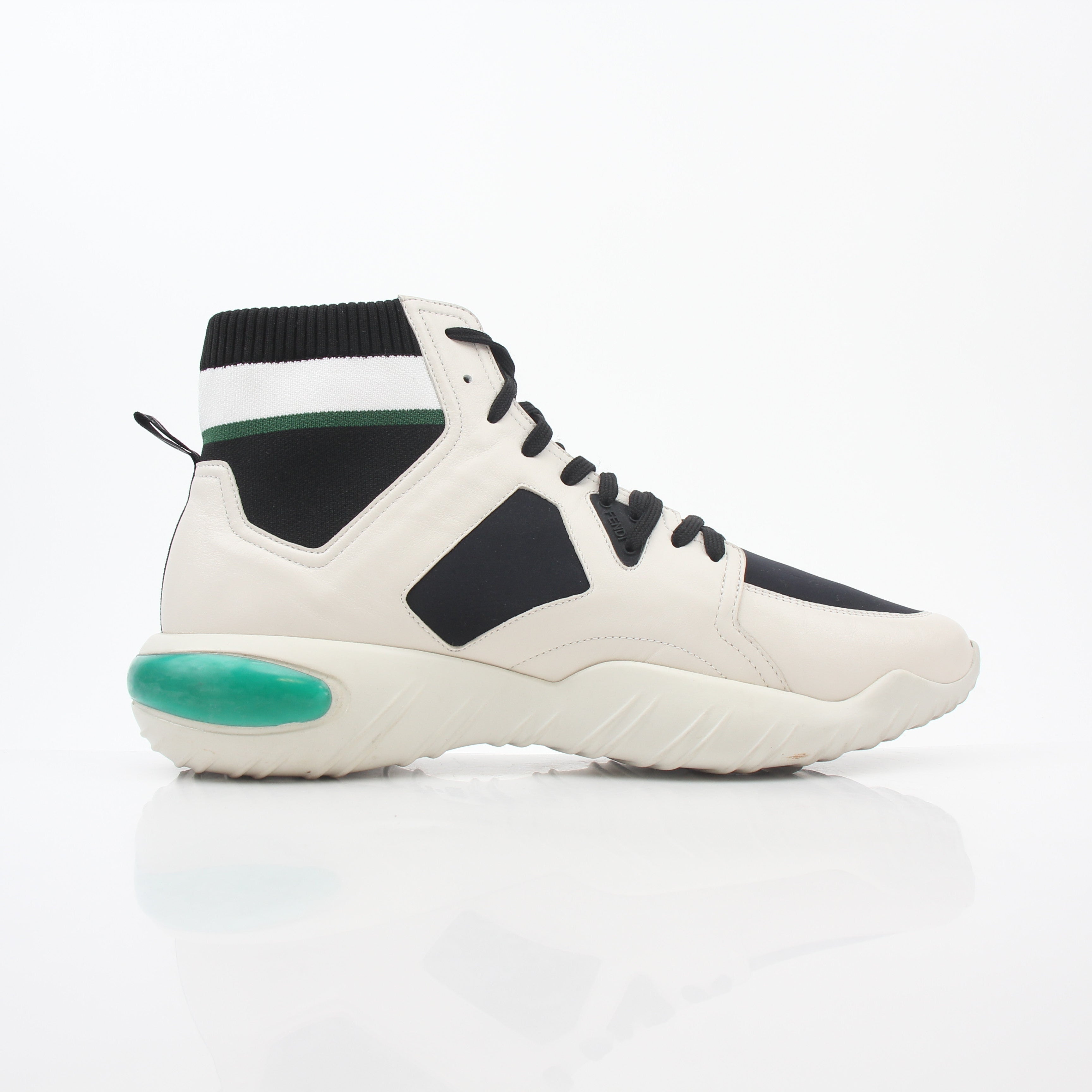 Gold & Beyond Fendi high-top sneakers in white, black, and green with fancy design details and brand logo.