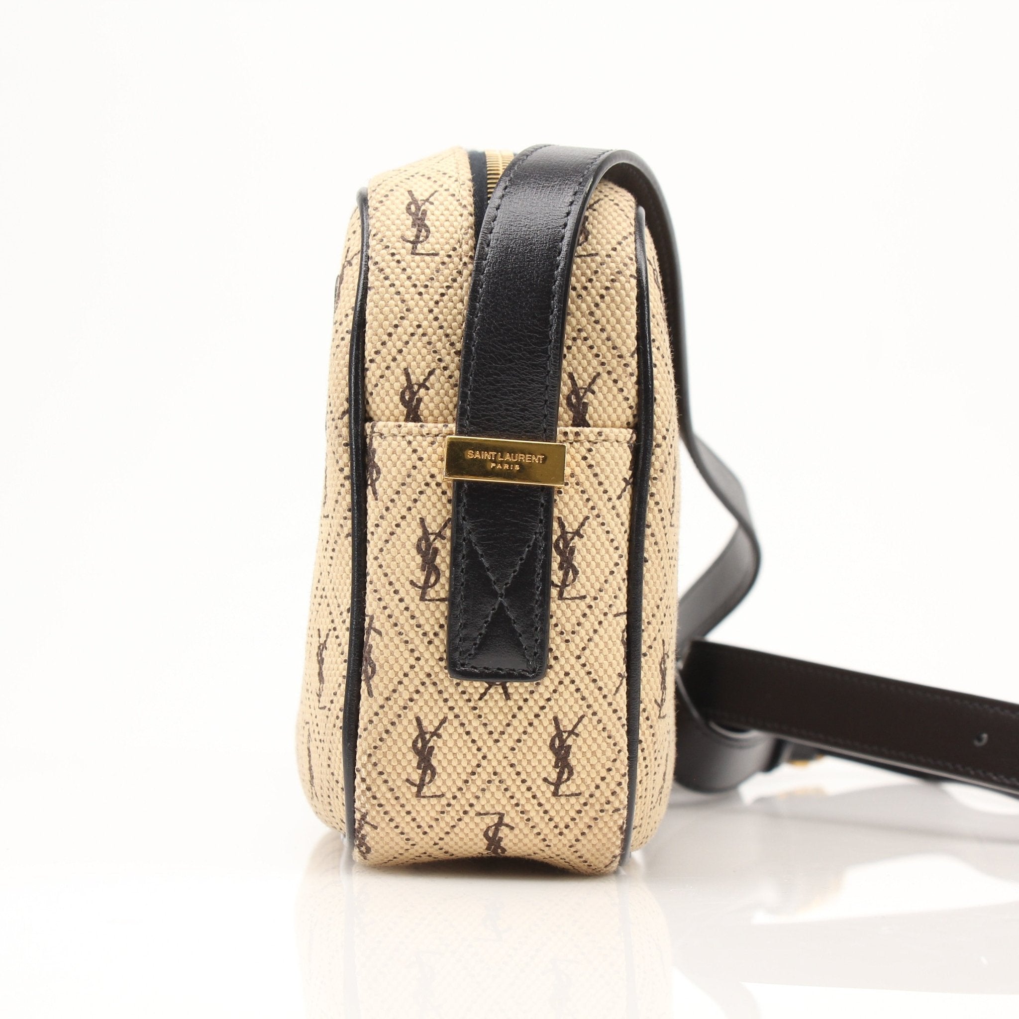 YSL brown monogram camera handbag with gold accents, featuring a structured design and adjustable strap.