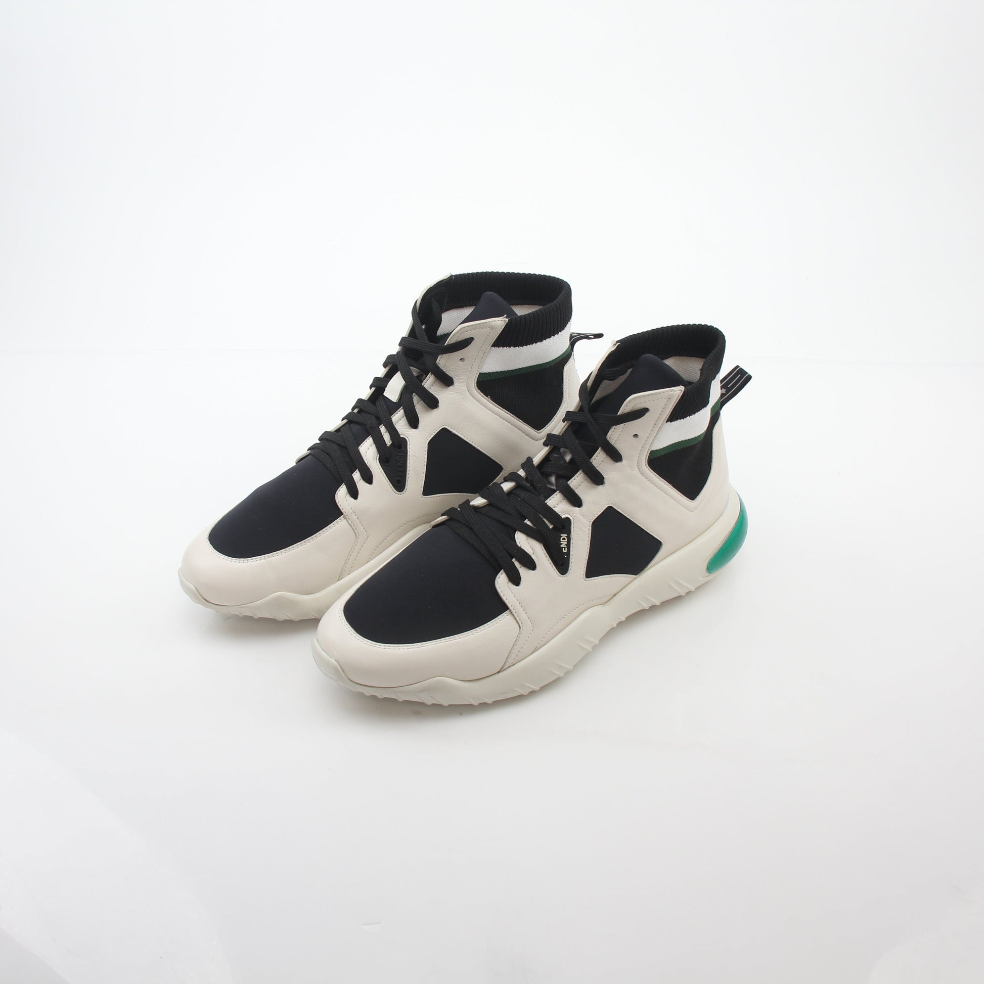Fendi high-top sneakers in white, black, and green with gold accents, featuring stylish design and branding details.