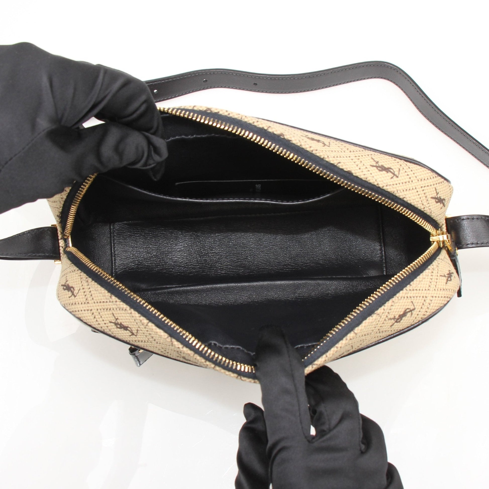 YSL brown monogram camera bag handbag with gold accents, stylish and compact for everyday use.