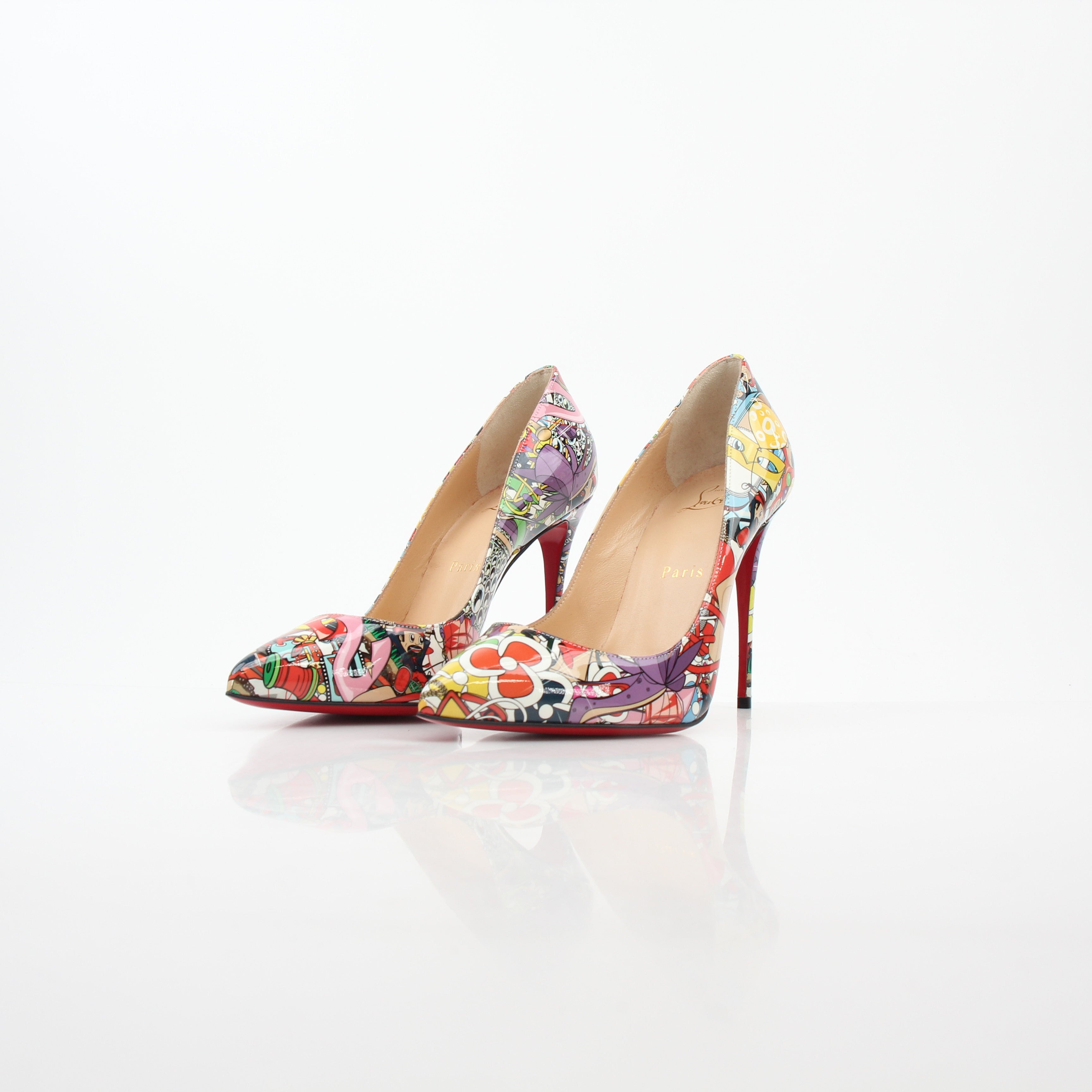 Christian Louboutin Multicolor Super Loubi Pigalle Follies 100 heels with vibrant, multicolor design and signature red sole.