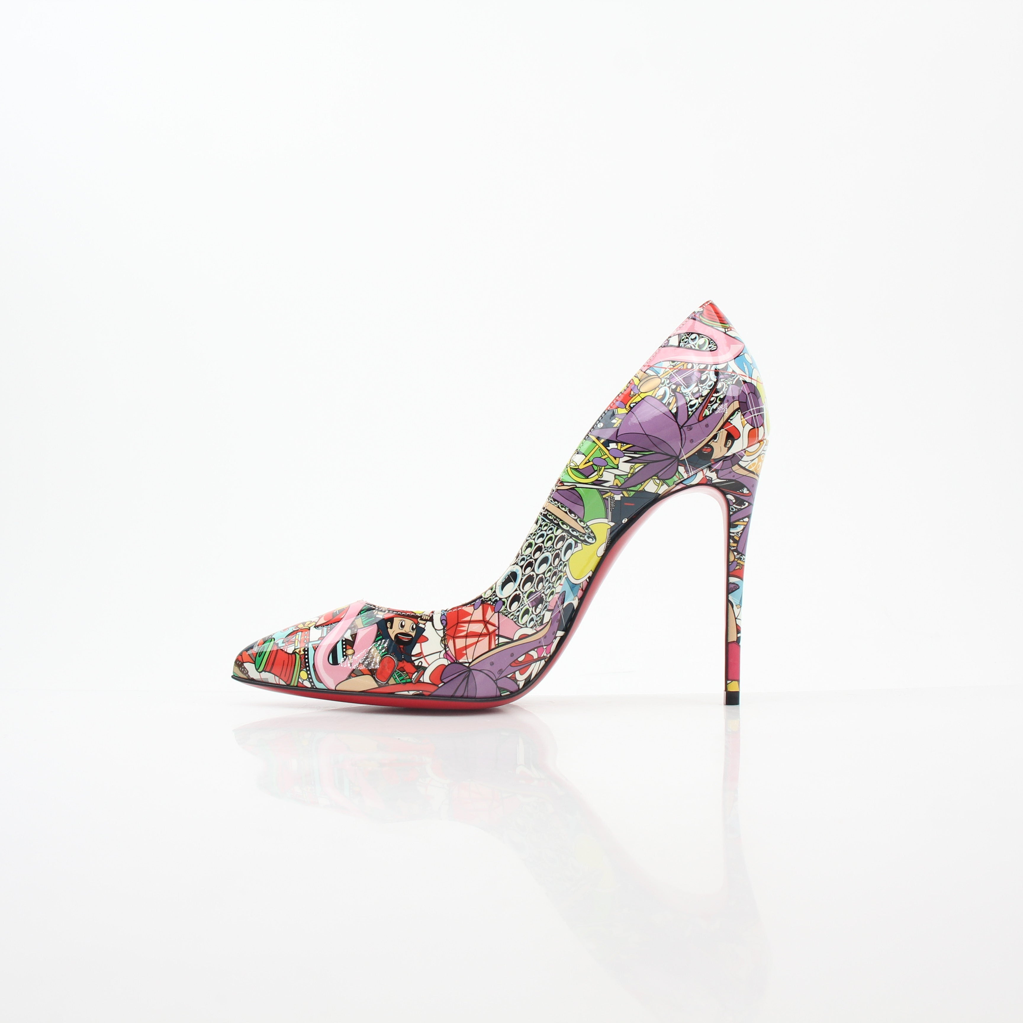 Christian Louboutin Multicolor Super Loubi Pigalle Follies 100 heels with vibrant, patterned upper and signature red sole.