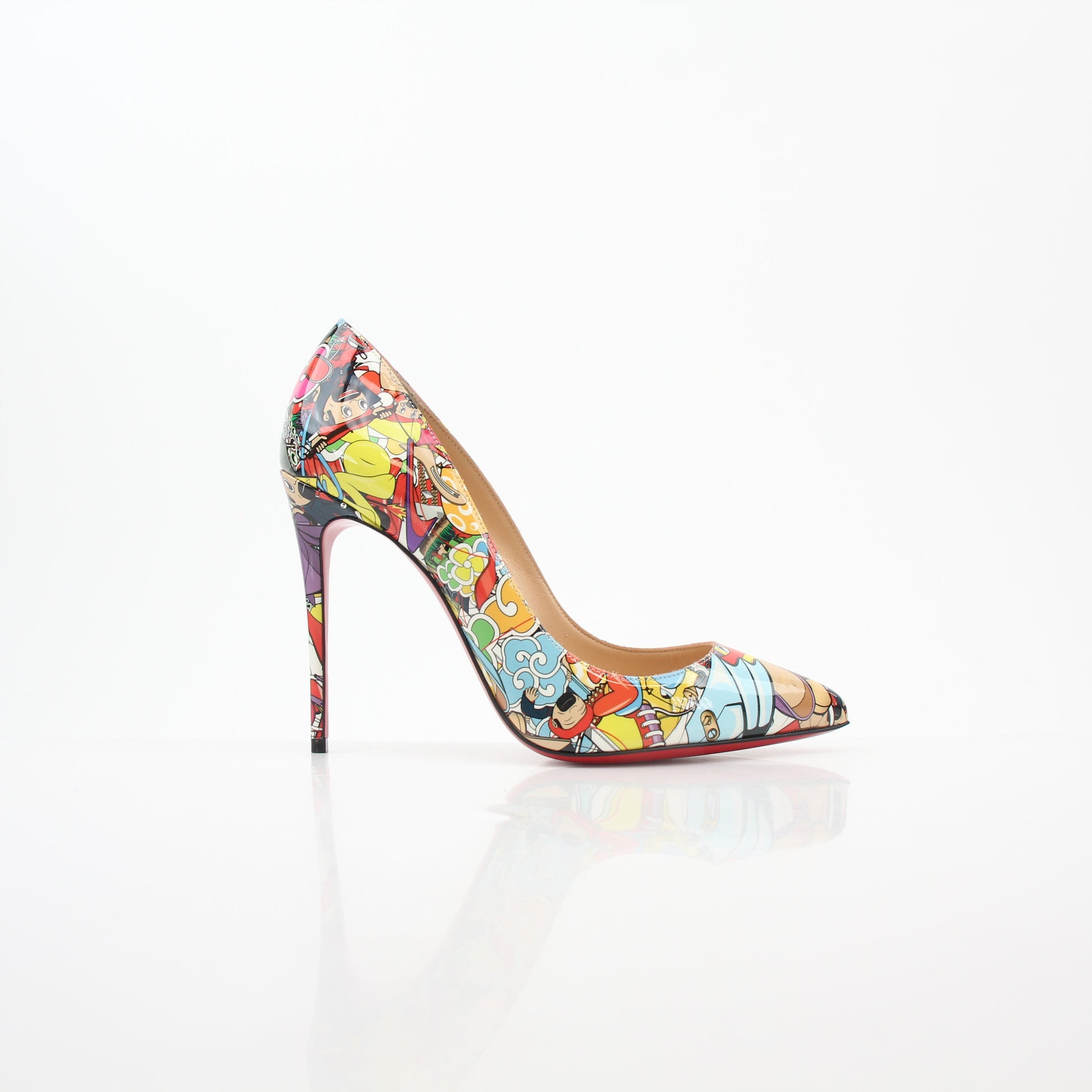 Christian Louboutin Multicolor Super Loubi Pigalle Follies 100 heels with vibrant color patterns and signature red soles.