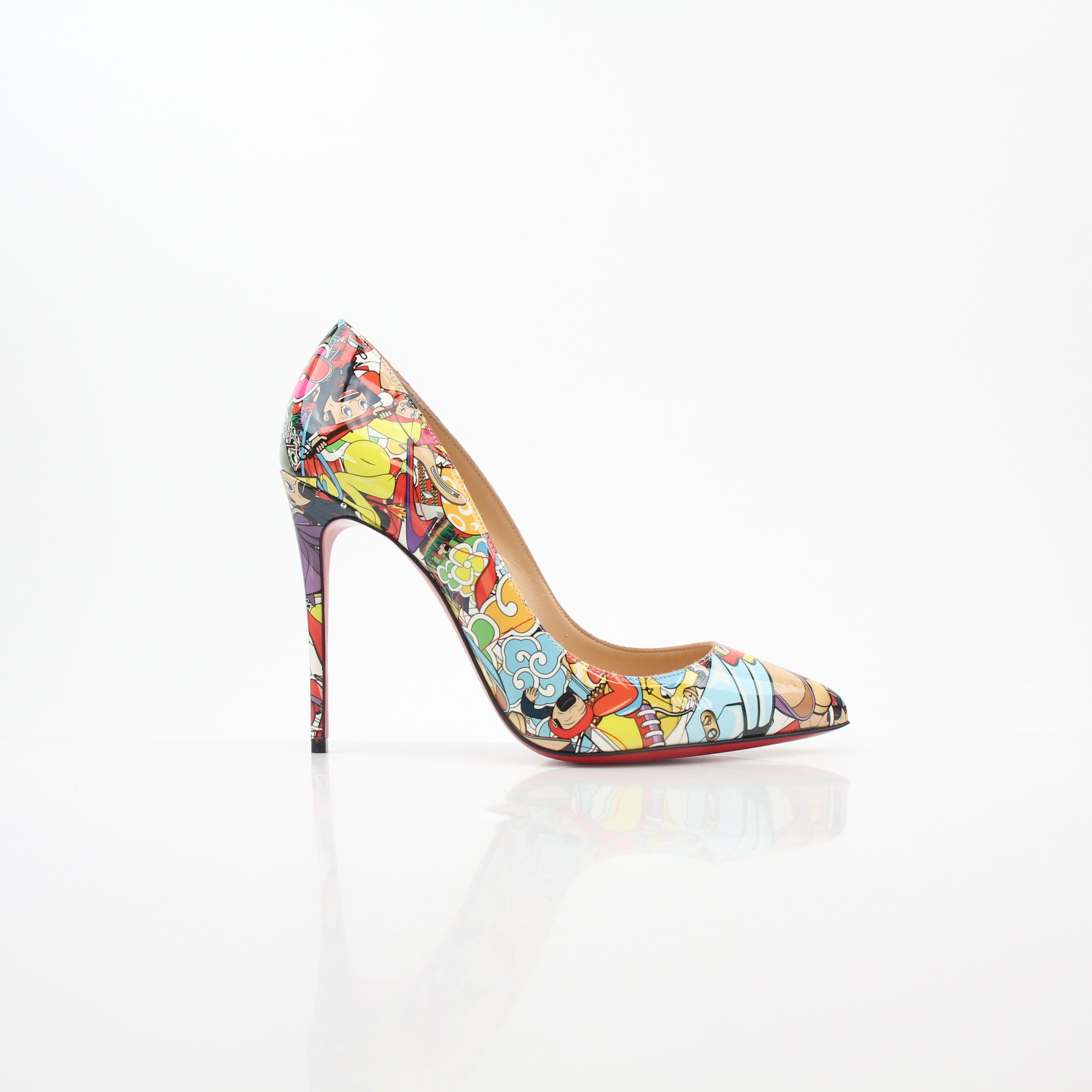 Christian Louboutin Multicolor Super Loubi Pigalle Follies 100 heels with vibrant color patterns and signature red soles.