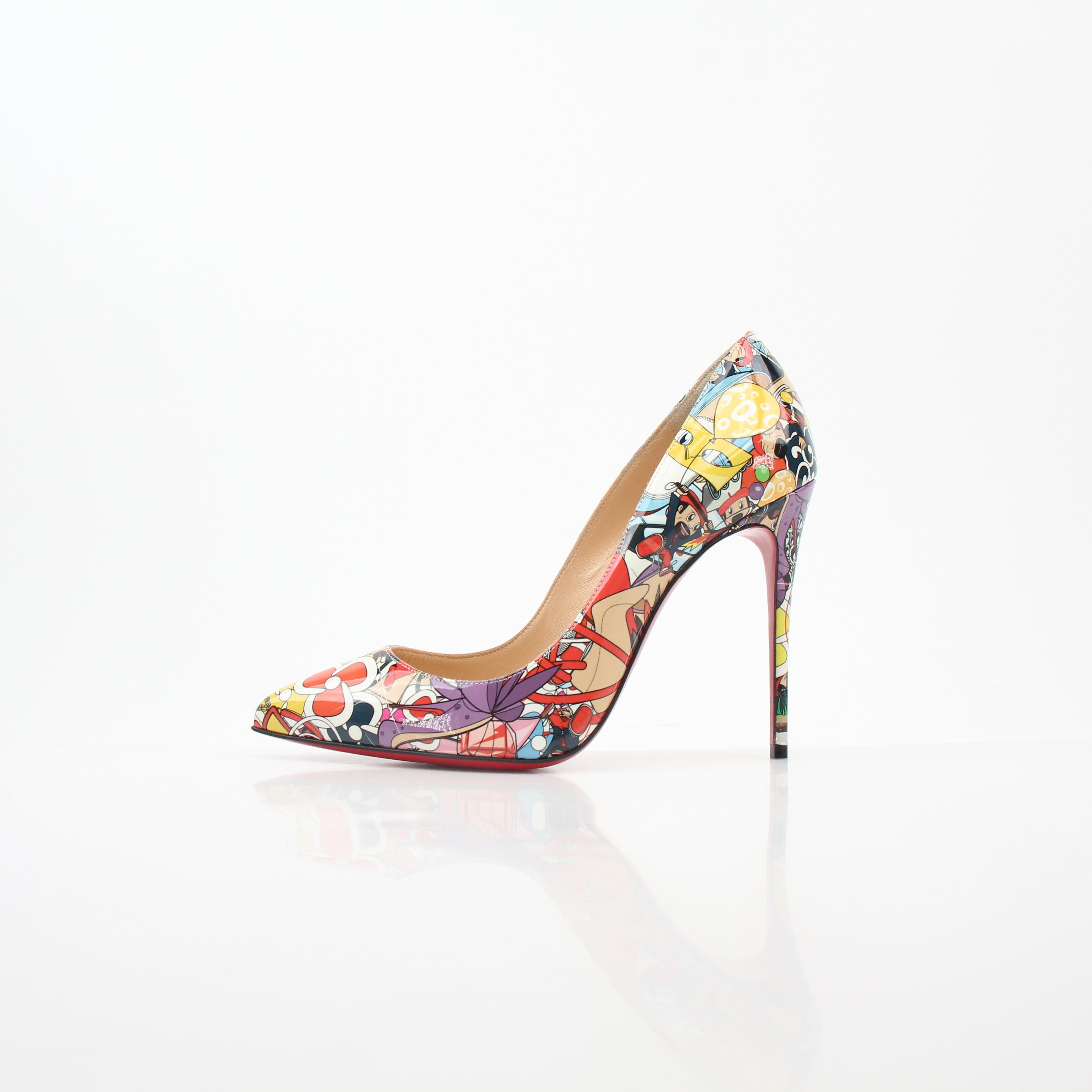 Christian Louboutin Multicolor Super Loubi Pigalle Follies 100 heels with vibrant patterned design and signature red sole.