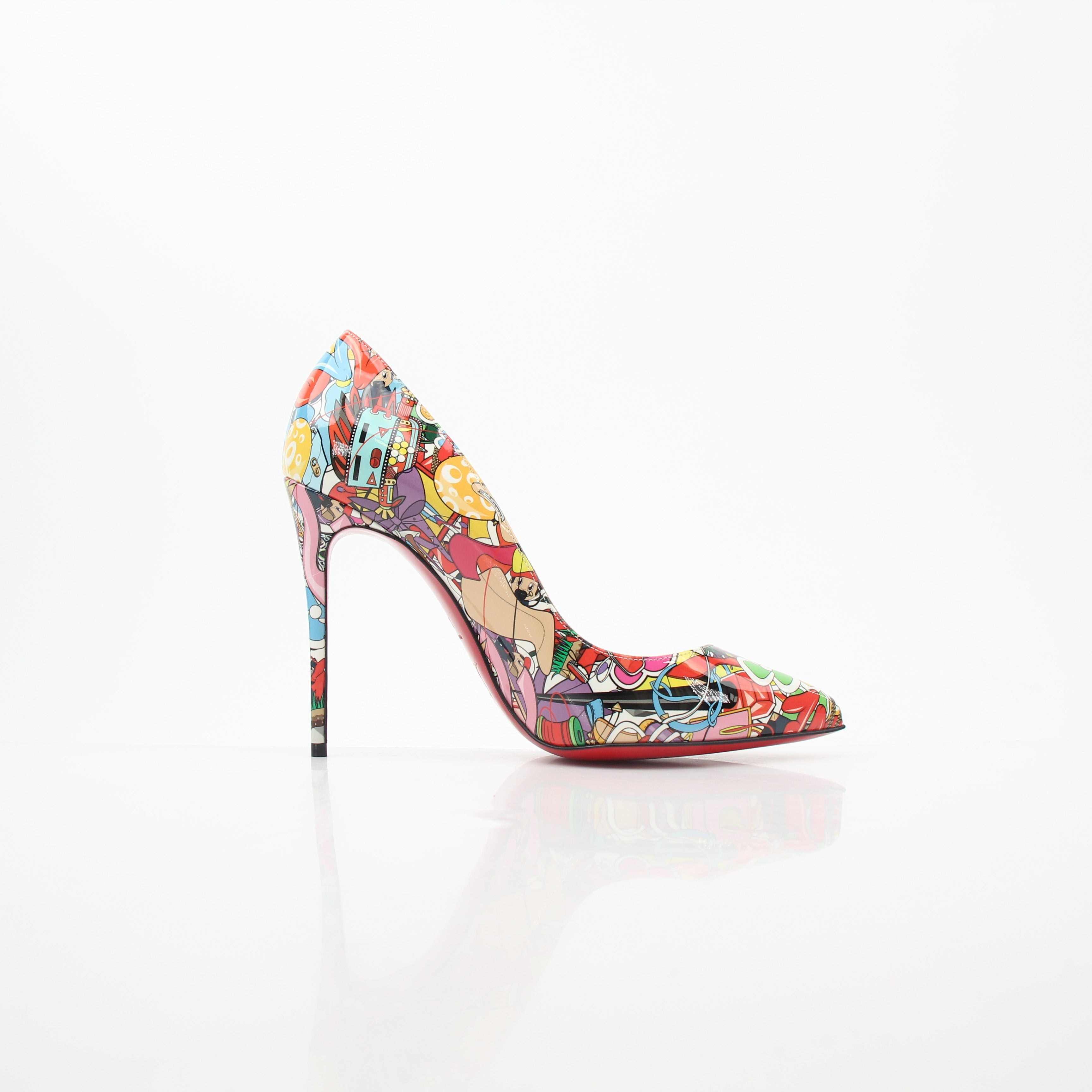 Christian Louboutin Multicolor Super Loubi Pigalle Follies 100 heels with red sole and vibrant striped design, elegant and stylish footwear.