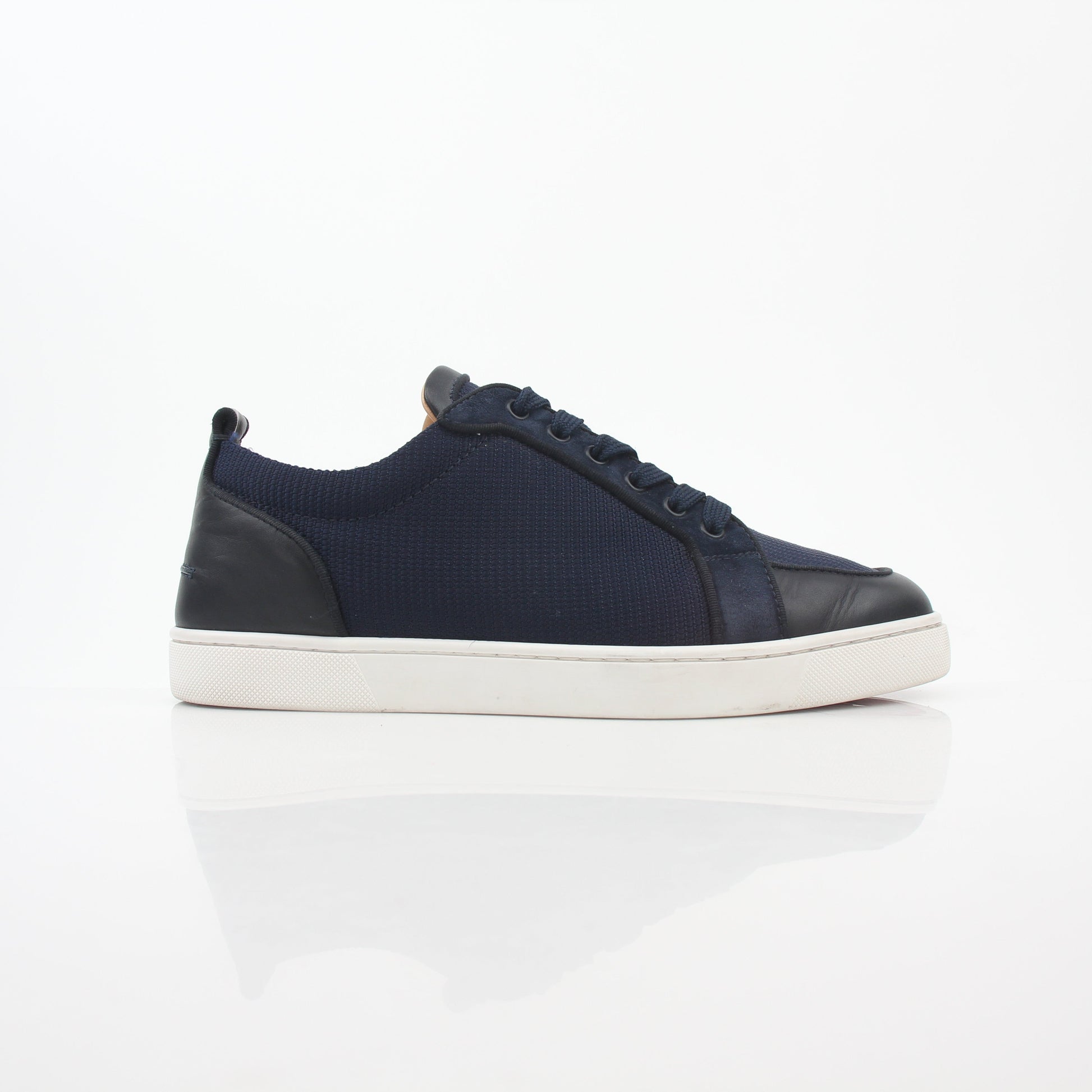 Christian Louboutin Navy Rantulow Orlato low-top sneakers with gold accents and signature detailing, stylish shoes for casual wear.