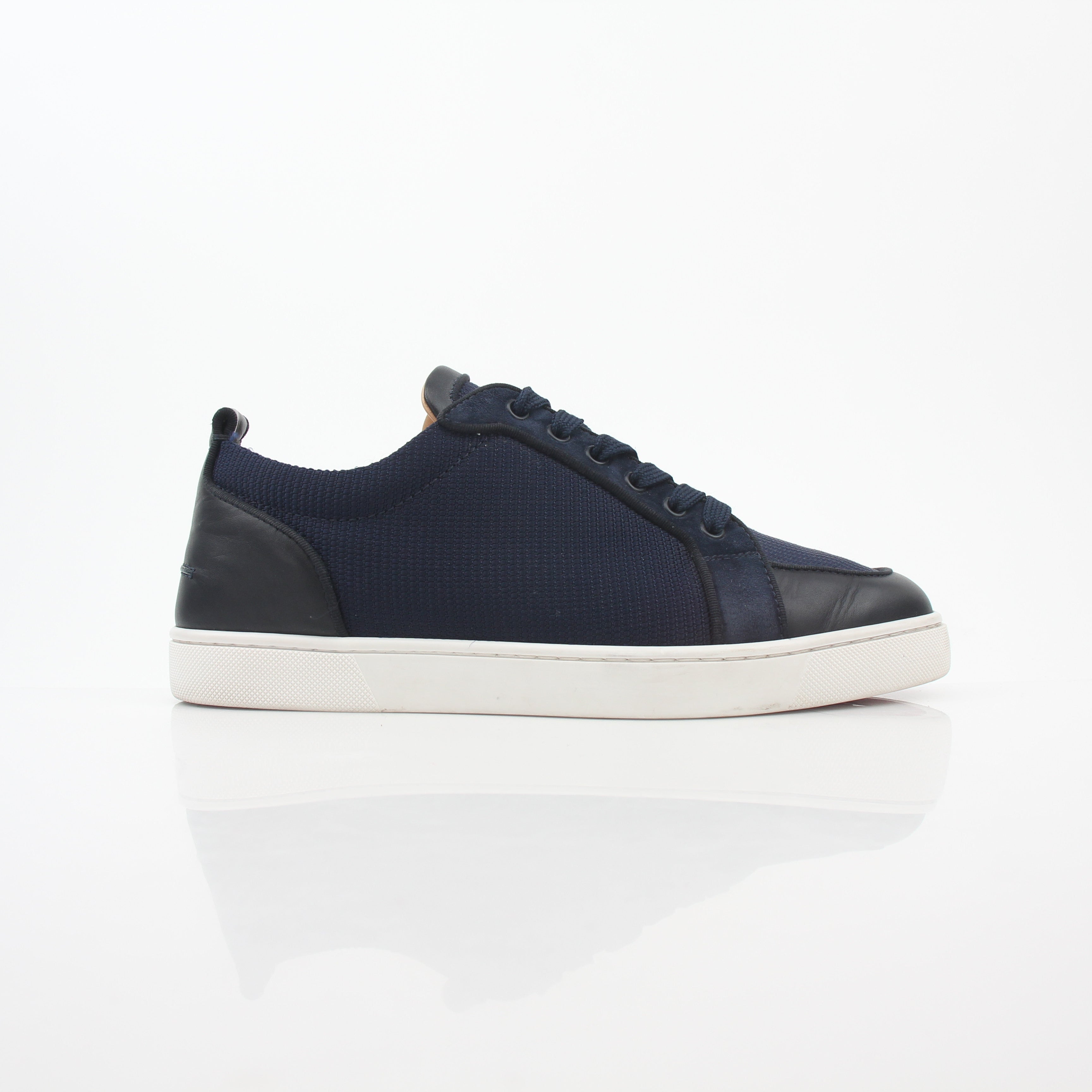 Christian Louboutin Navy Rantulow Orlato low-top sneakers with gold accents and signature detailing, stylish shoes for casual wear.
