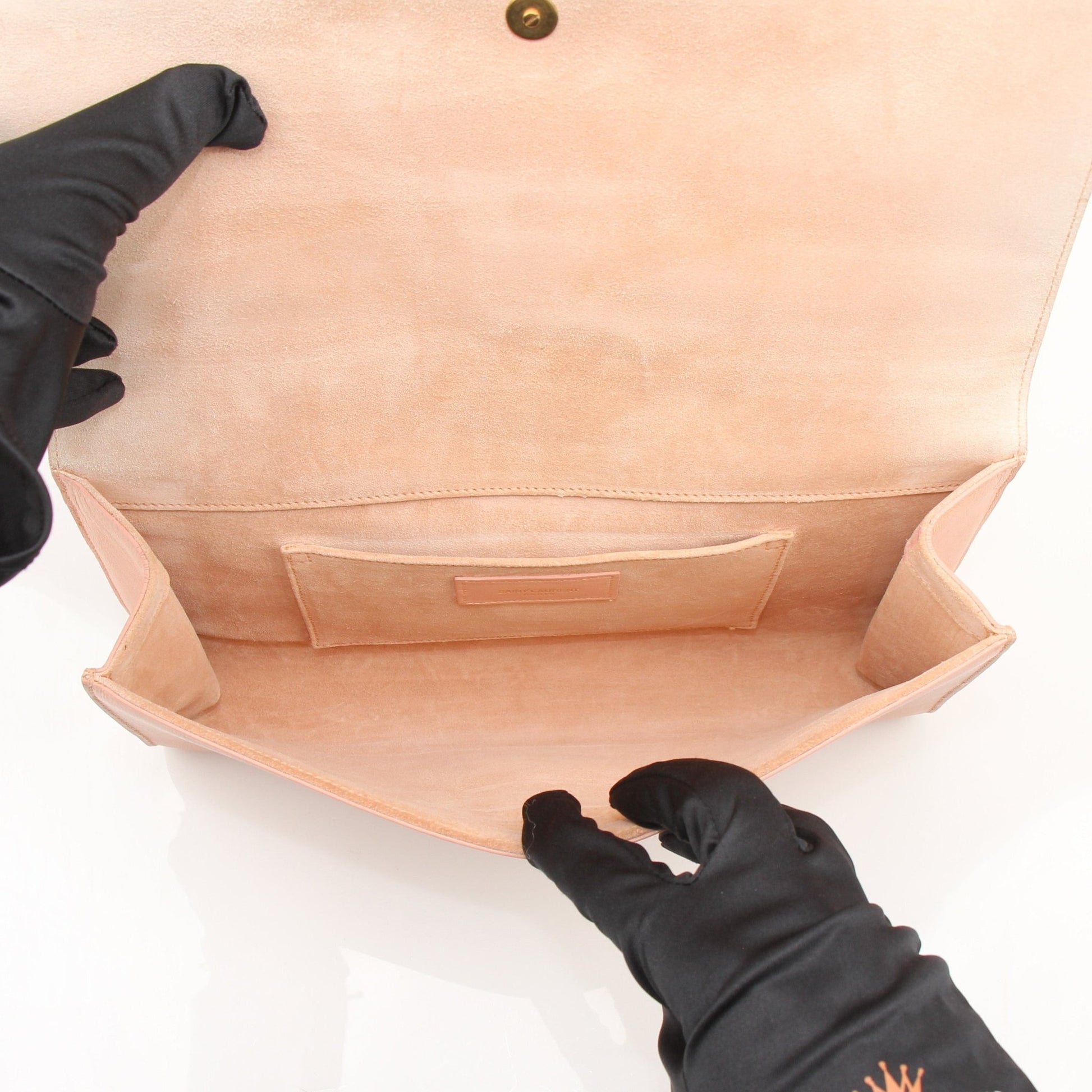 Gold & Beyond pink YSL Y-Mall clutch handbag with gold accents, featuring a sleek design and compact size.