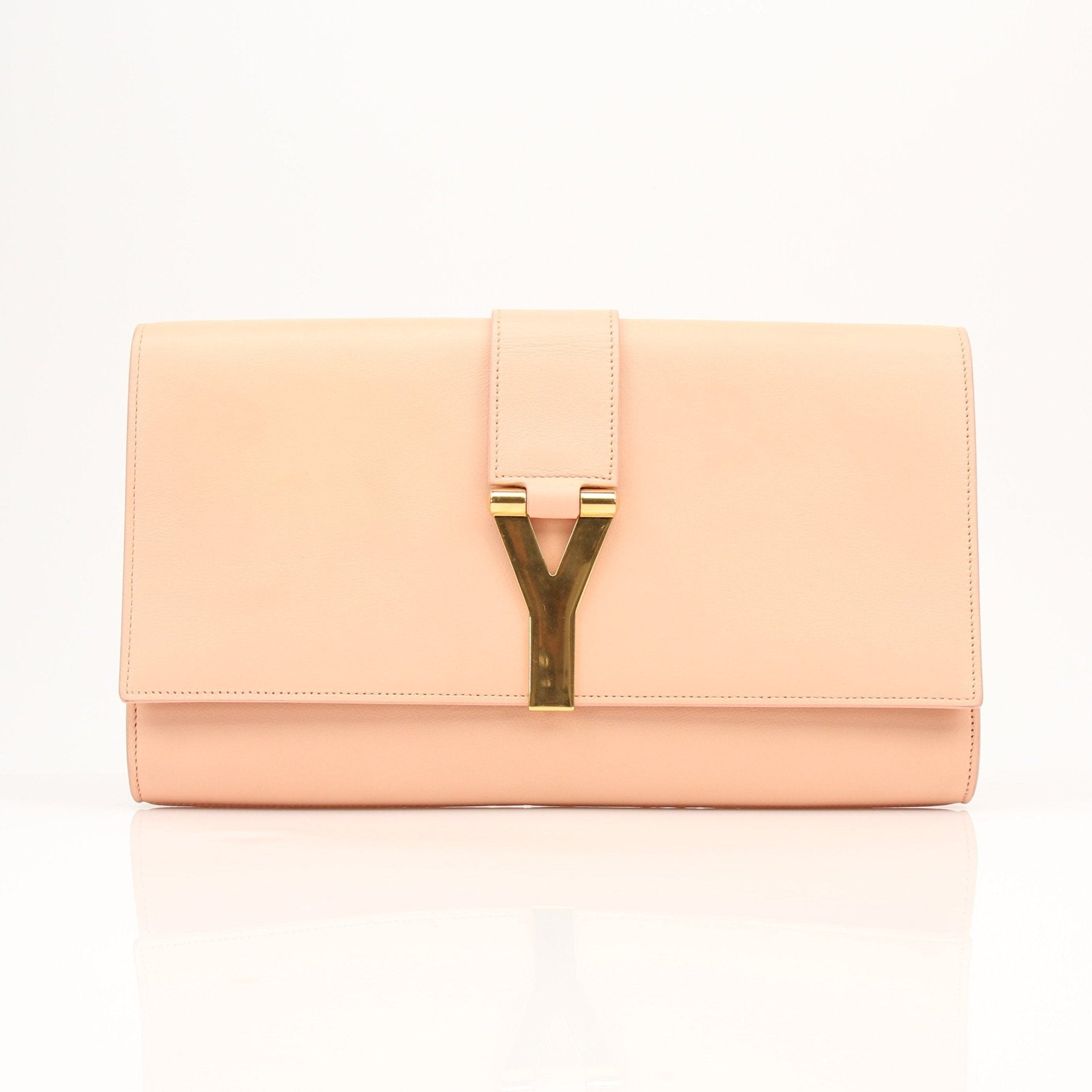 Gold & Beyond Pink YSL Y-Mall clutch handbag with sleek design and gold accents, stylish accessory for evening wear.