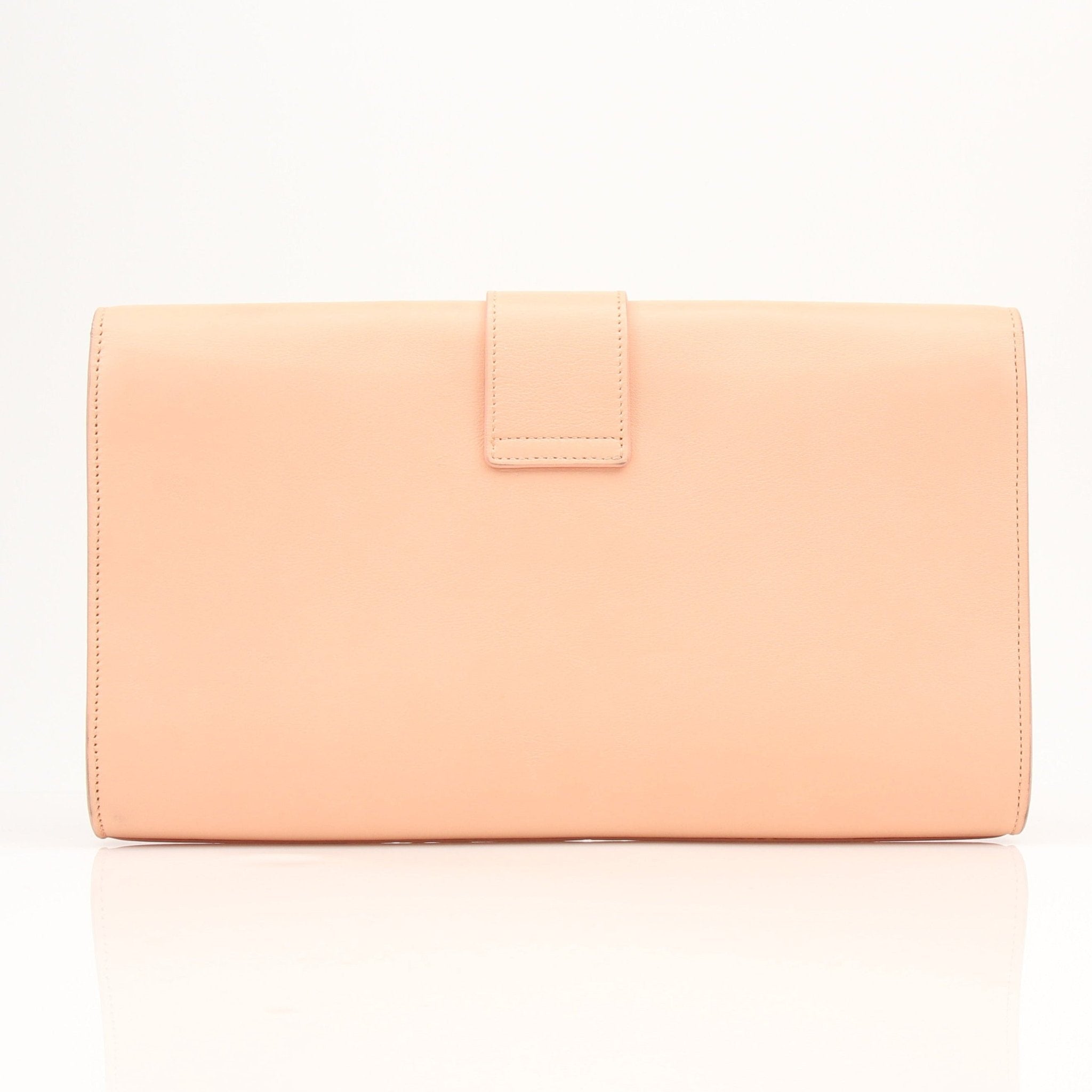 Gold & Beyond Pink YSL Y-Mall clutch handbag with sleek design and gold accents, shown in a close-up image.