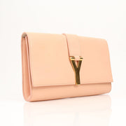Gold & Beyond pink YSL Y-Mall clutch handbag with gold accents, featuring a sleek design and compact size.
