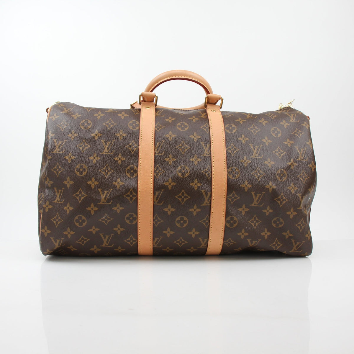 Louis Vuitton Brown Monogram Keepall Bandoulière 45 duffel bag for travel, featuring classic monogram pattern and leather accents.