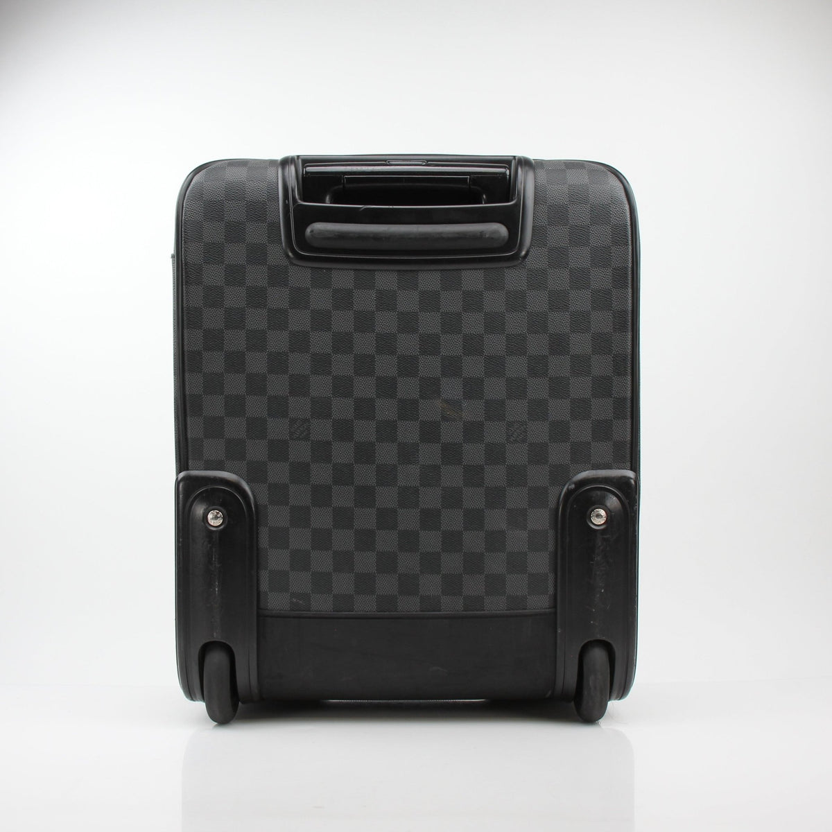Louis Vuitton Damier Graphite Pégase 45 rolling luggage with spacious interior and sturdy handle, designed for travel.