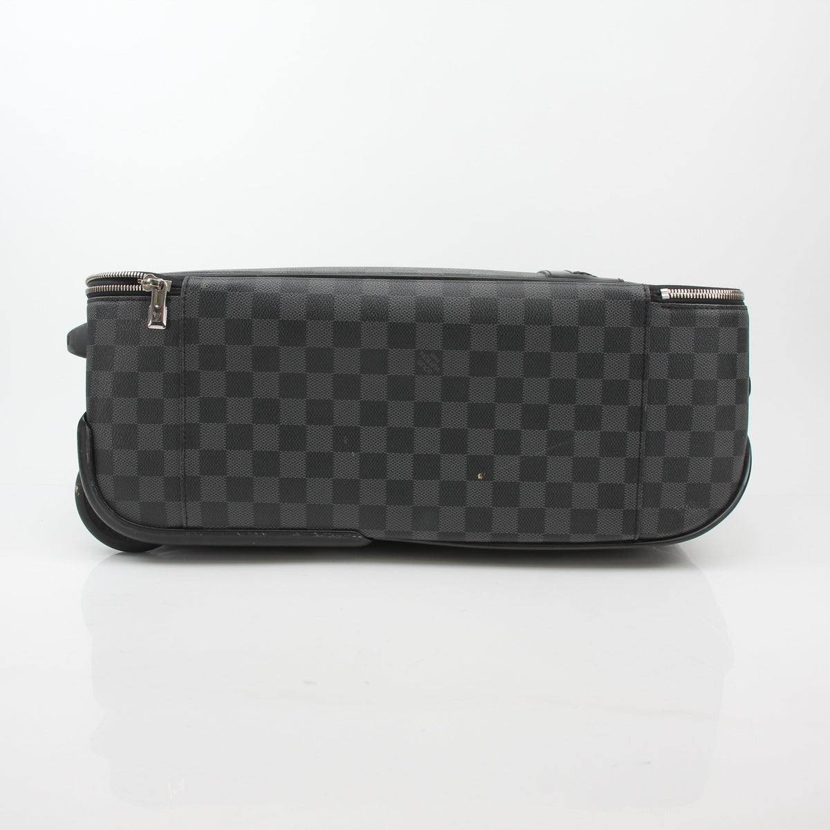 Louis Vuitton Damier Graphite Pégase 45 rolling luggage with four wheels, extendable handle, and spacious interior for travel.