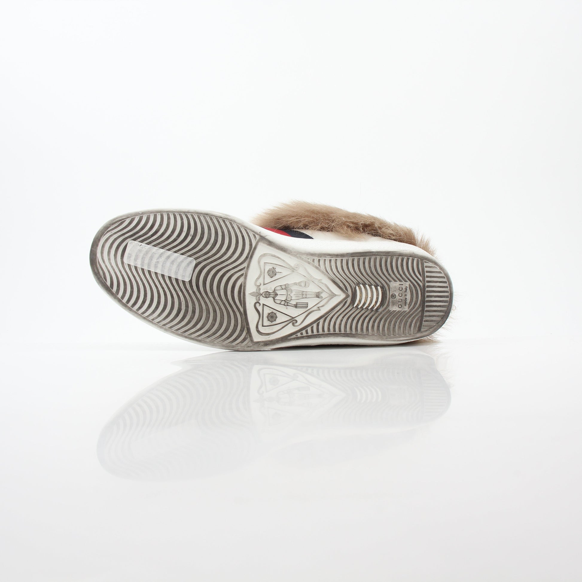 Gucci White Ace embroidered bee fur low-top sneakers, stylish shoes with detailed bee embroidery and plush fur accents.