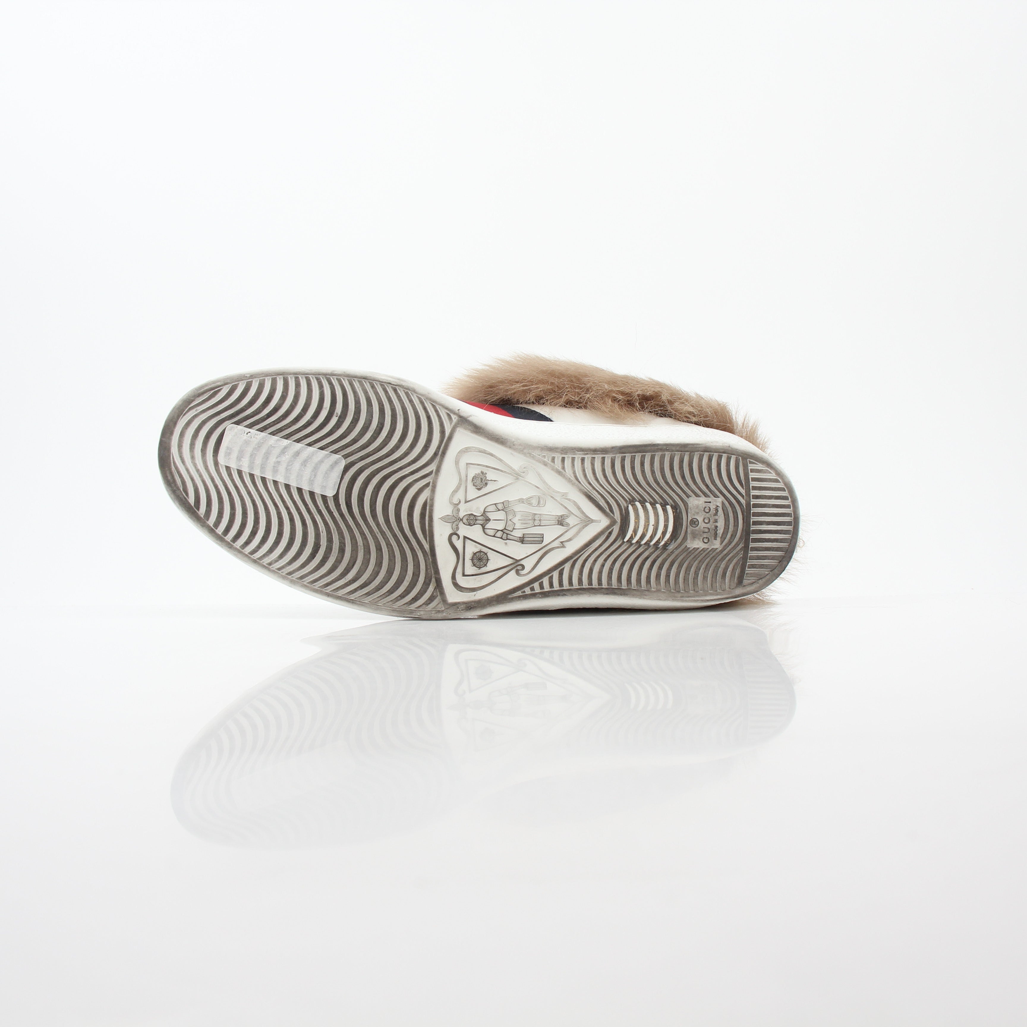 Gucci White Ace embroidered bee fur low-top sneakers, stylish shoes with detailed bee embroidery and plush fur accents.