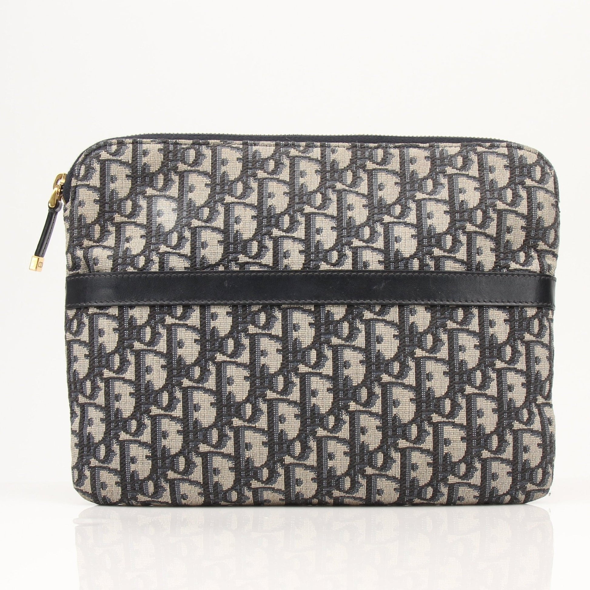 Christian Dior Oblique canvas pouch handbag with gold accents, featuring signature Dior pattern and sleek design.