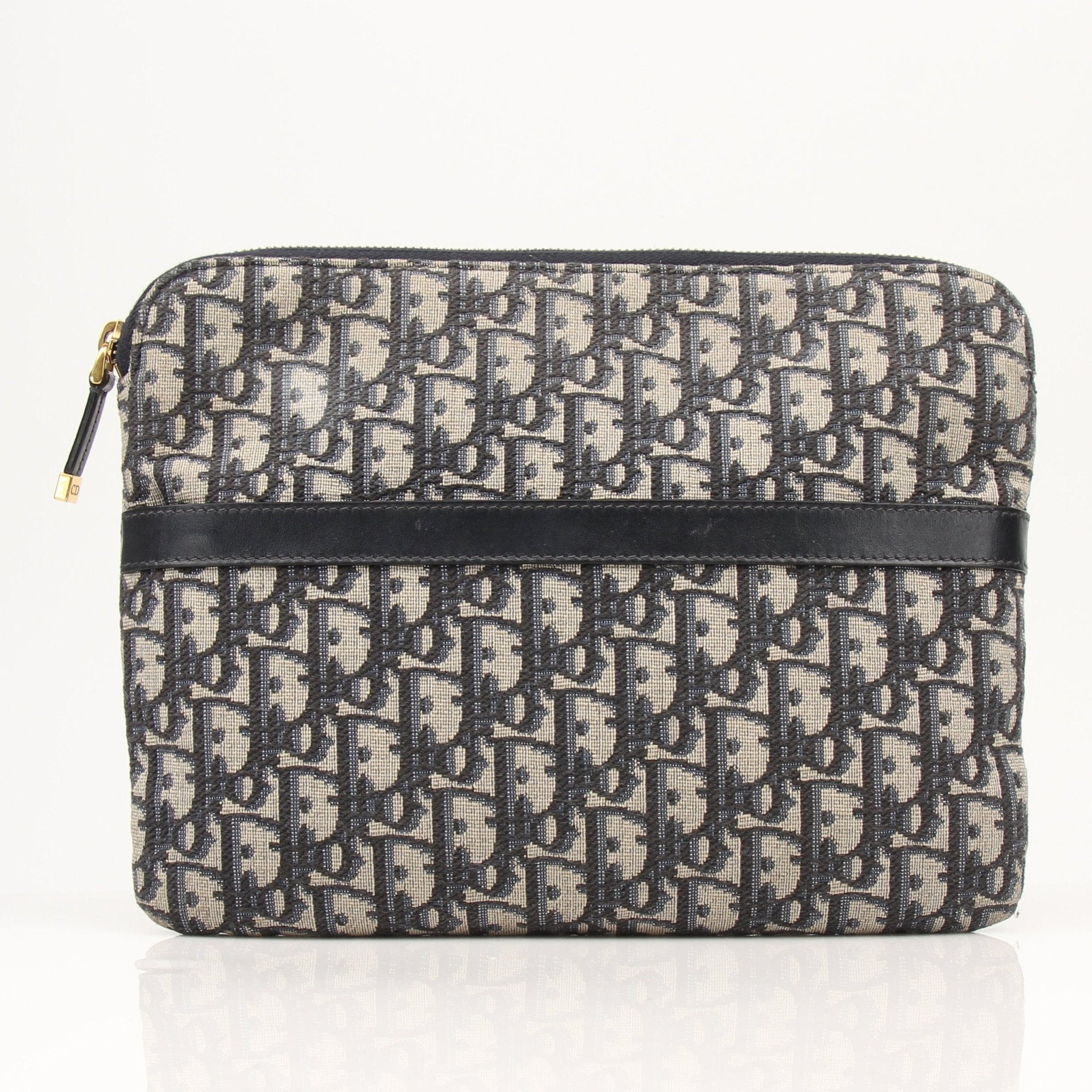 Christian Dior Oblique canvas pouch handbag with gold accents, featuring signature Dior pattern and sleek design.