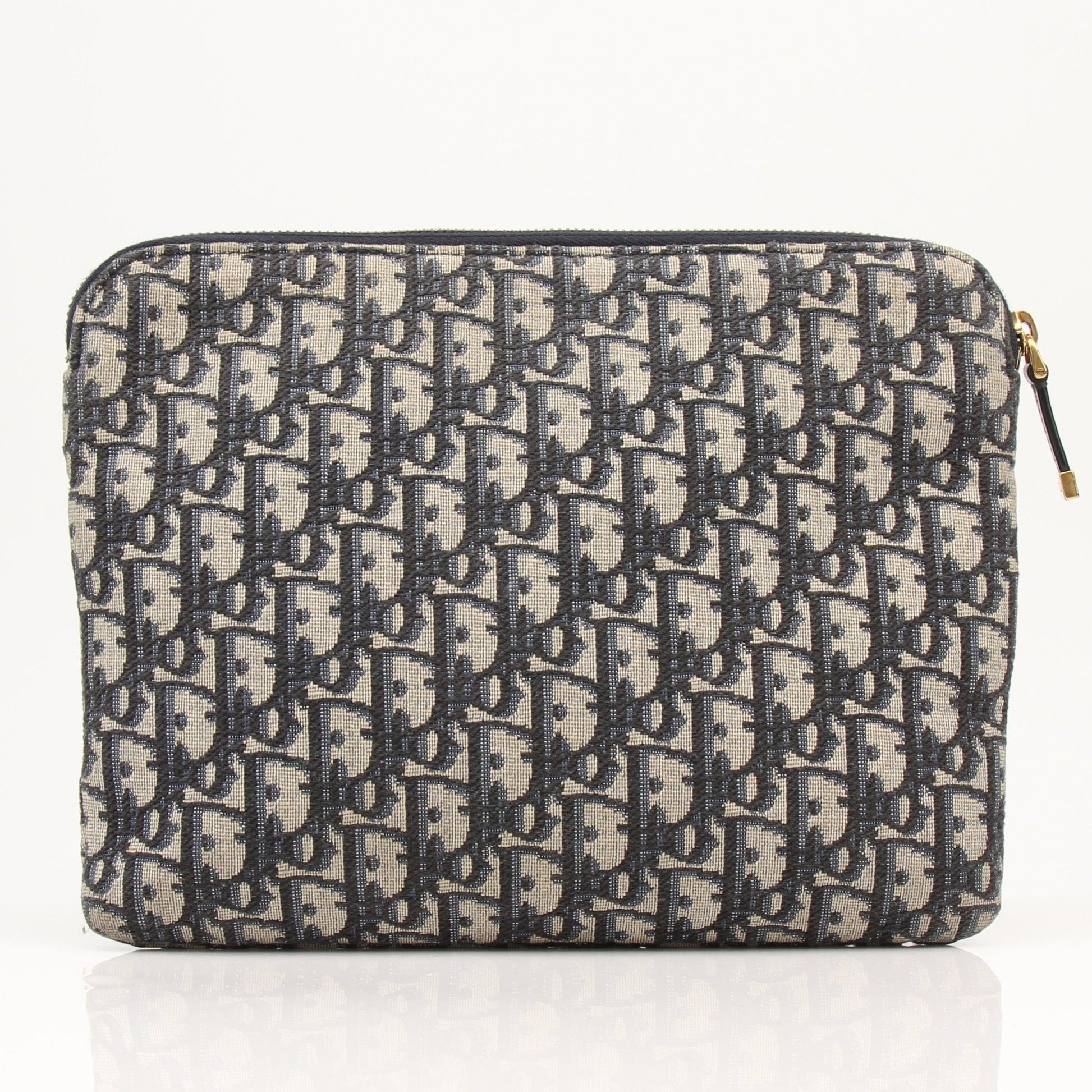 Christian Dior Oblique canvas pouch handbag with gold hardware and zipper closure, featuring signature Dior monogram pattern.