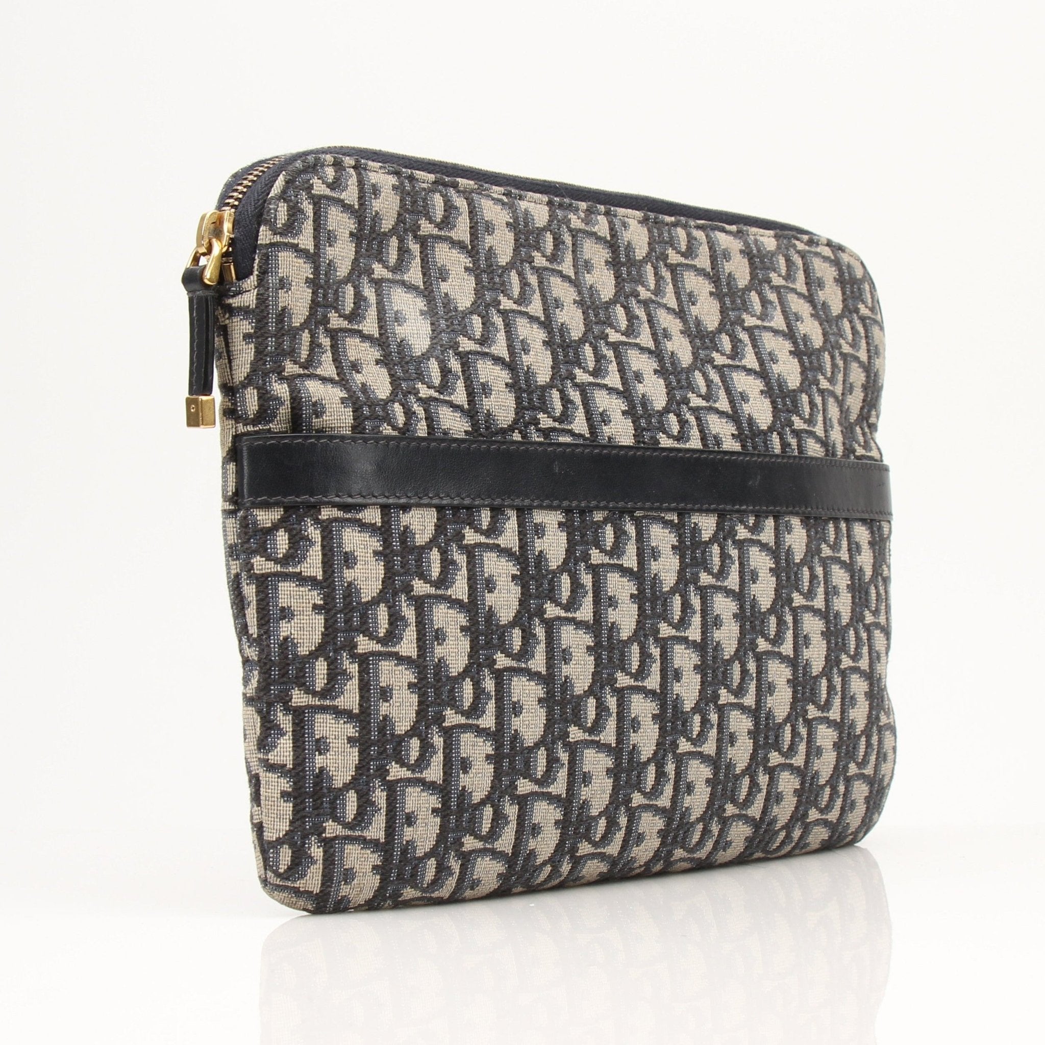 Christian Dior Oblique canvas pouch, a stylish handbag with signature pattern, featuring a sleek design and gold-tone accents.