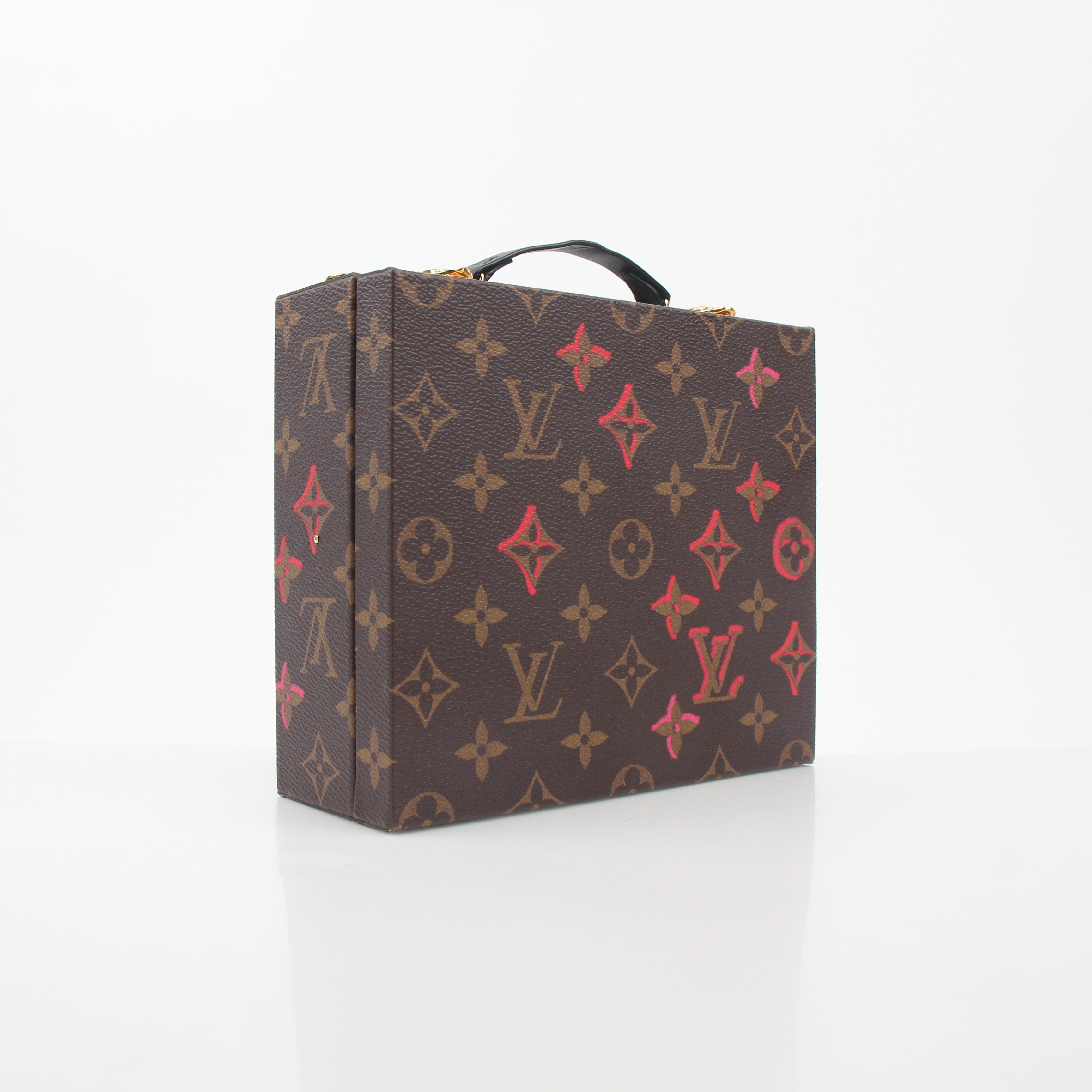 Louis Vuitton Fall in Love Mobile Box Trunk Bag handbag with gold accents and structured design, featuring the iconic LV motif.