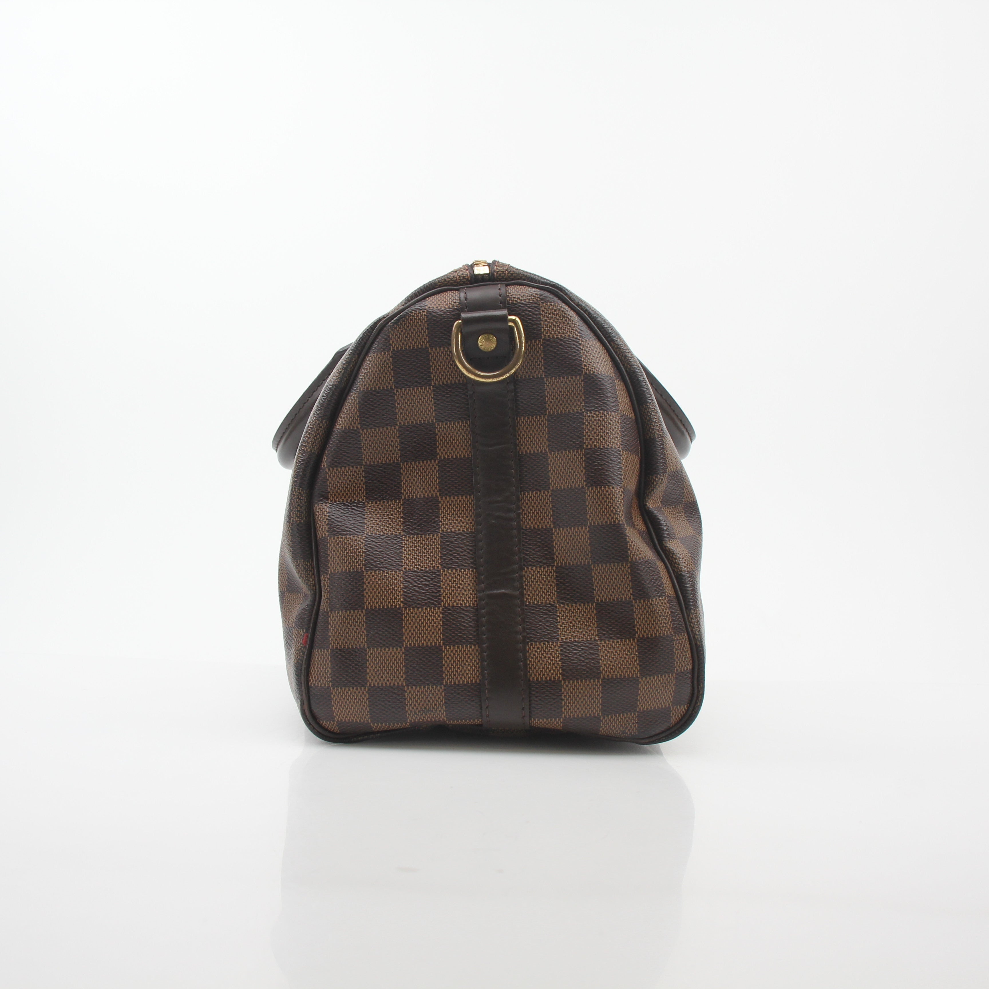 Louis Vuitton Damier Ebene Speedy Bandoulière 30 handbag with leather trim, gold hardware, and signature checkered pattern.