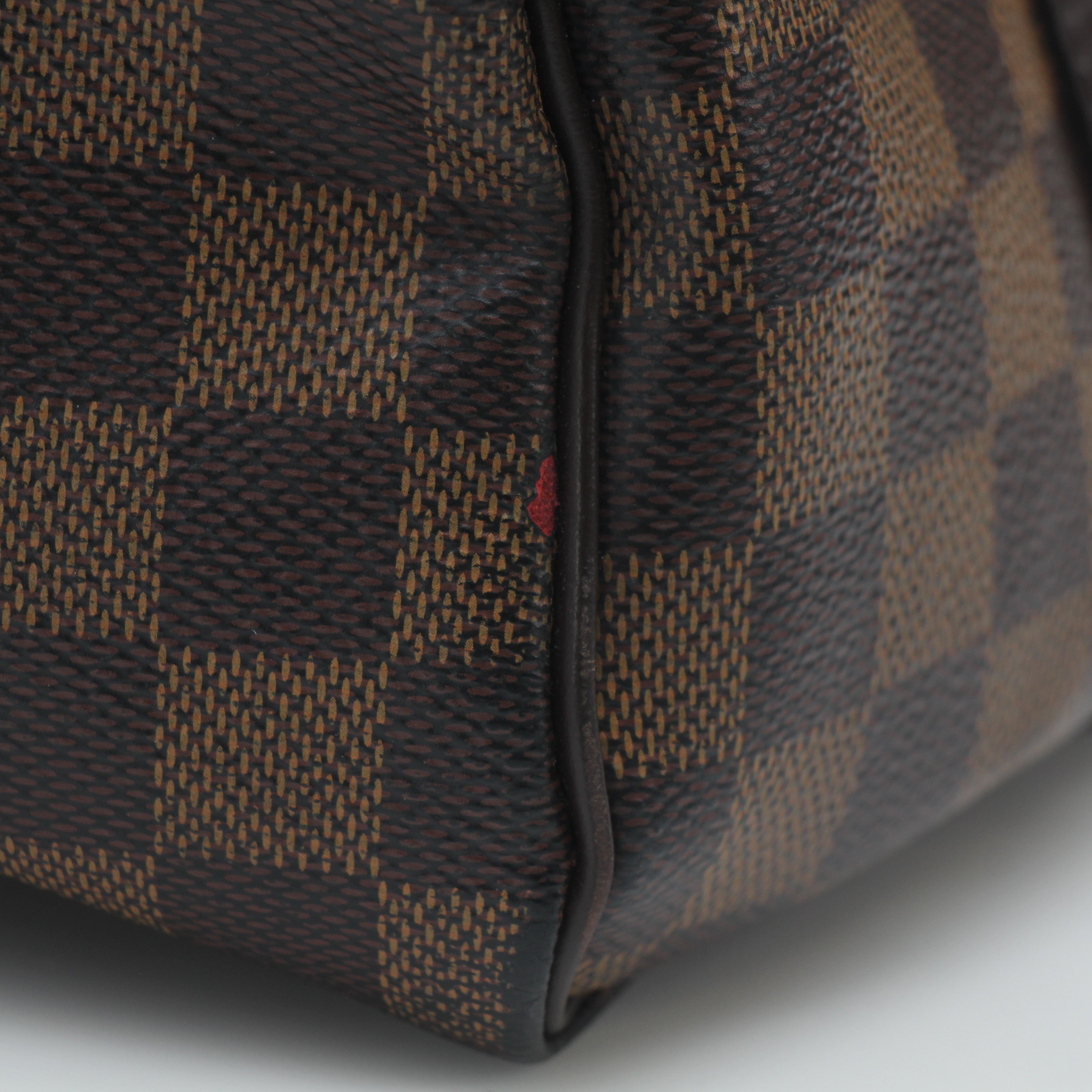 Louis Vuitton Damier Ebene Speedy Bandoulière 30 handbag with gold hardware and logo detail, showcased on a neutral background.
