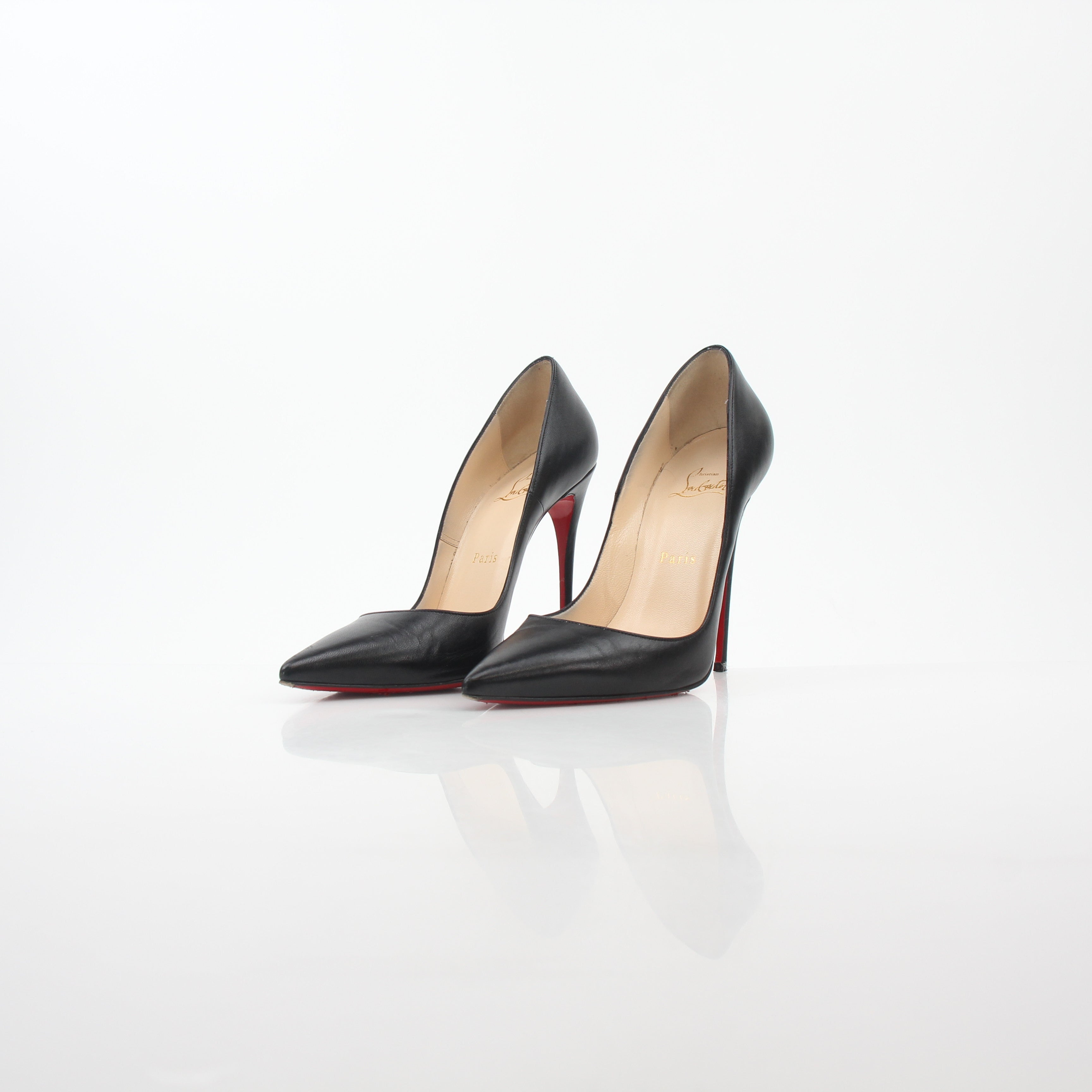 Christian Louboutin So Kate 120 Nappa Leather black heels with pointed toe and stiletto heel, displayed on a neutral background.